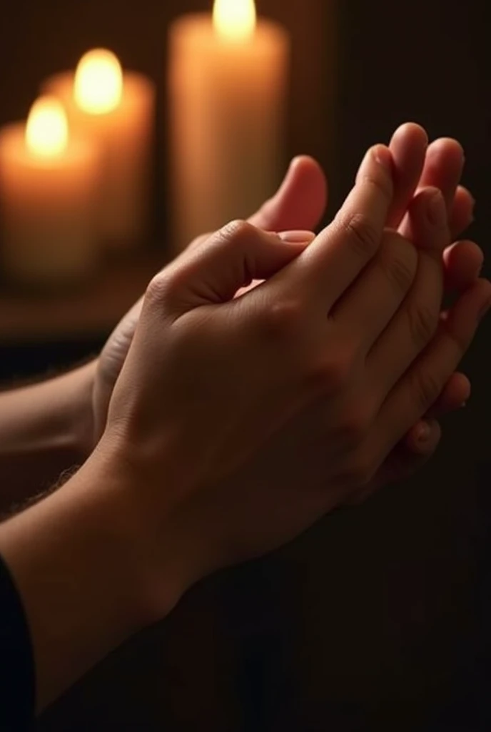 Close-up of hands praying with fingers crossed, candlelight,