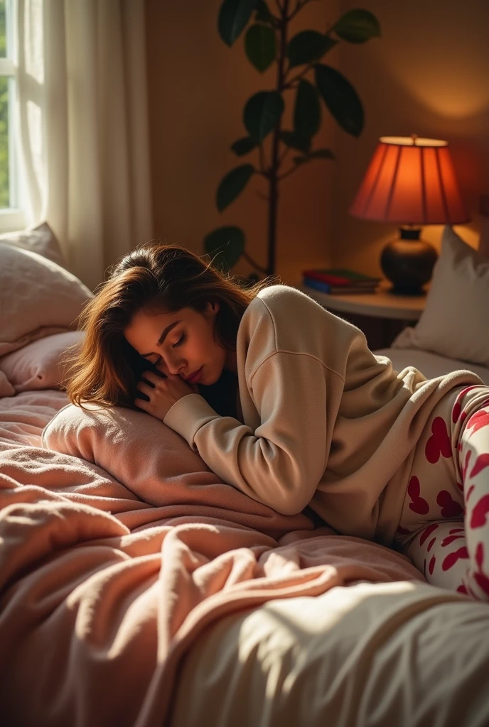This is me, lying on my bed with my back to you. I'm wearing heart-print pants and a sweatshirt. I want you to take my clothes off.