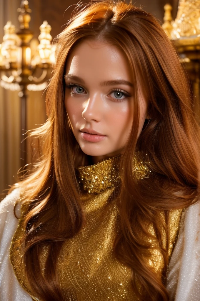 Ginger-haired Russian woman in traditional winter attire, capturing the essence of multiple adjectives such as kind-hearted, warm-hearted, sweet, polite, sensitive, friendly, charming, graceful, stylish, classy, alluring, majestic, ethereal, angelical, long hair framing the face, intricate embroidery on costume, soft glow accentuating gentle facial features, shot in the golden hour light.