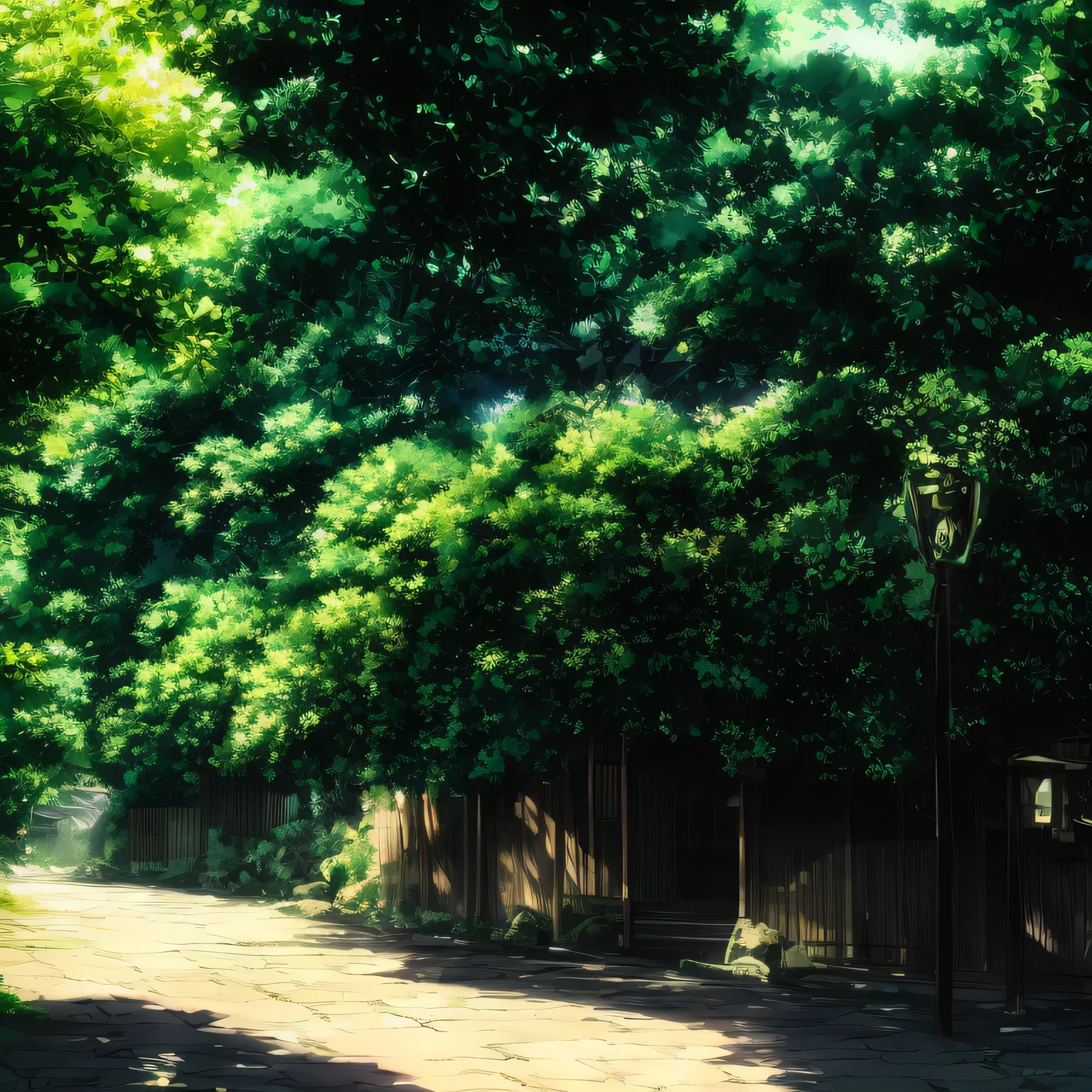 1 boy,gojo satoru,jujutsu kaisen,Black round lens sunglasses,artwork, japanese temple, beautiful trees, positive sunlight,flowers,glowing bugs,