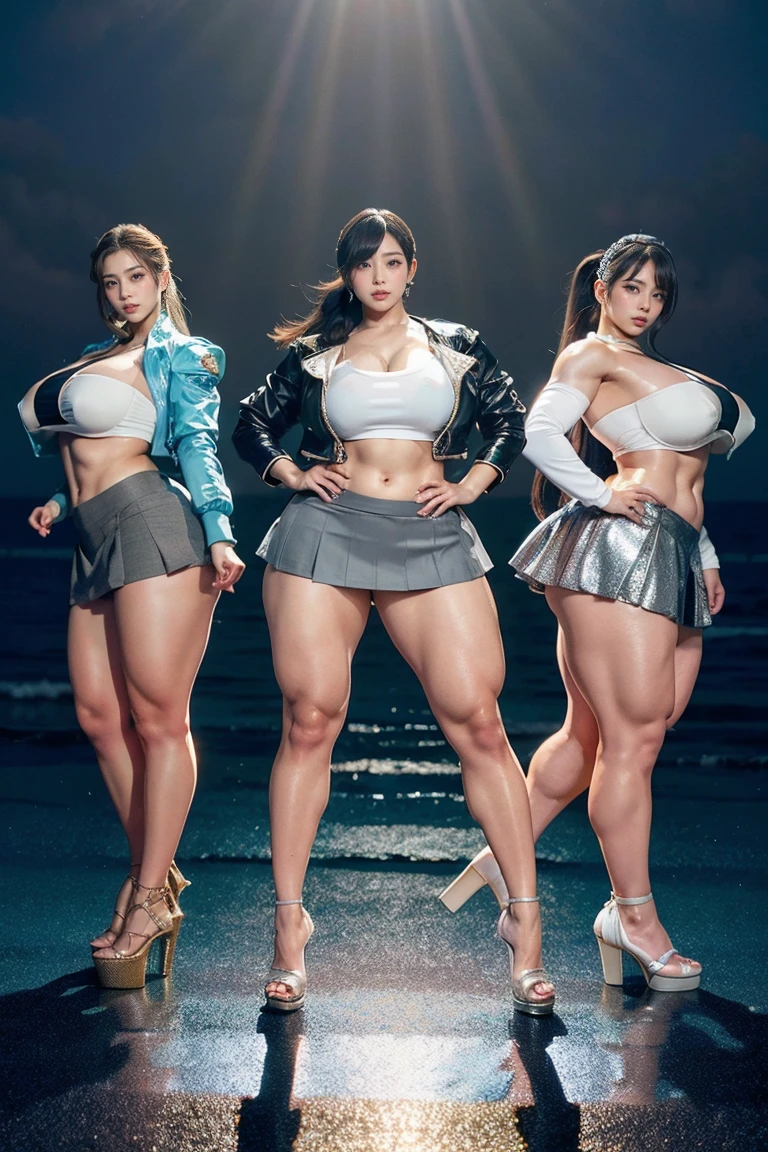 Ultra-high resolution, Realistic, Very detailed, Golden Ratio, Highest quality, Four people are standing full-body shot, (promotional photoshoot), (Are standing), Four people stand on the night beach in high heels, (Four Beautiful female with Exemplary Figures), Beautiful Face, (Realisticな face), (biondeのショートカット:1.3), Korean bionde, bionde, long straight ponytail hair, hair band, Glare, Frowning, Drooling, Long Tongue, Verbal invitation, compensate, Frowning, Frowning, Surrealism, First Person View, First Person View, Wide-angle, Ultra-high resolution, Anatomically correct, Super detailed, 16K, (Four beautiful female standing side by side) (wide thighs), (Very sexy long legs),(body builder girl), (wide muscles), ((sexy abdominal muscles)), (huge breasts),(very voluptuous body),((short grey skirt)),(strapless jacket),(sexy dancing pose),(beautiful sparkle sea background with enormous lighting effect)