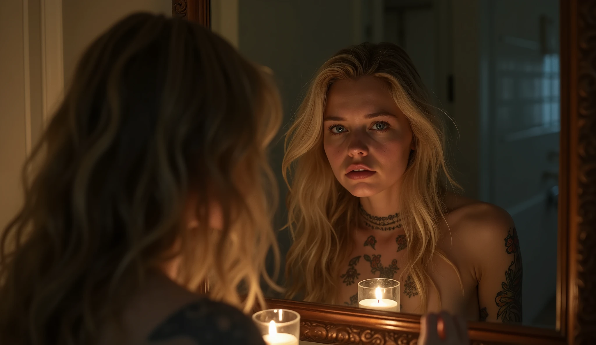 tatuados,a beautiful blonde with big breasts、(Tears),(Back tattoo、Many tattoos on both arms and neck)、 (Late night bathroom),Candlelight only,Very detailed, 21 years old, Depressed face, Wavy Hair, blue eyes, High resolution, masterpiece, Highest quality, Intricate details, Very detailed, Clear focus, Delicate skin, practical skin texture, texture, Delicate eyes, Professional, 4K, Sad face,despair、 Shot with Canon, 85mm, Shallow and deep, Kodak Vision Color, Exactly, Very detailed, photograph_\(Extremist\), photographpractical, practical, Post-processing, Maximum details, Roughness, Real Life, Extremist practical, Photorealism, photographgraphy, 8K Ultra HD, photographgraphy