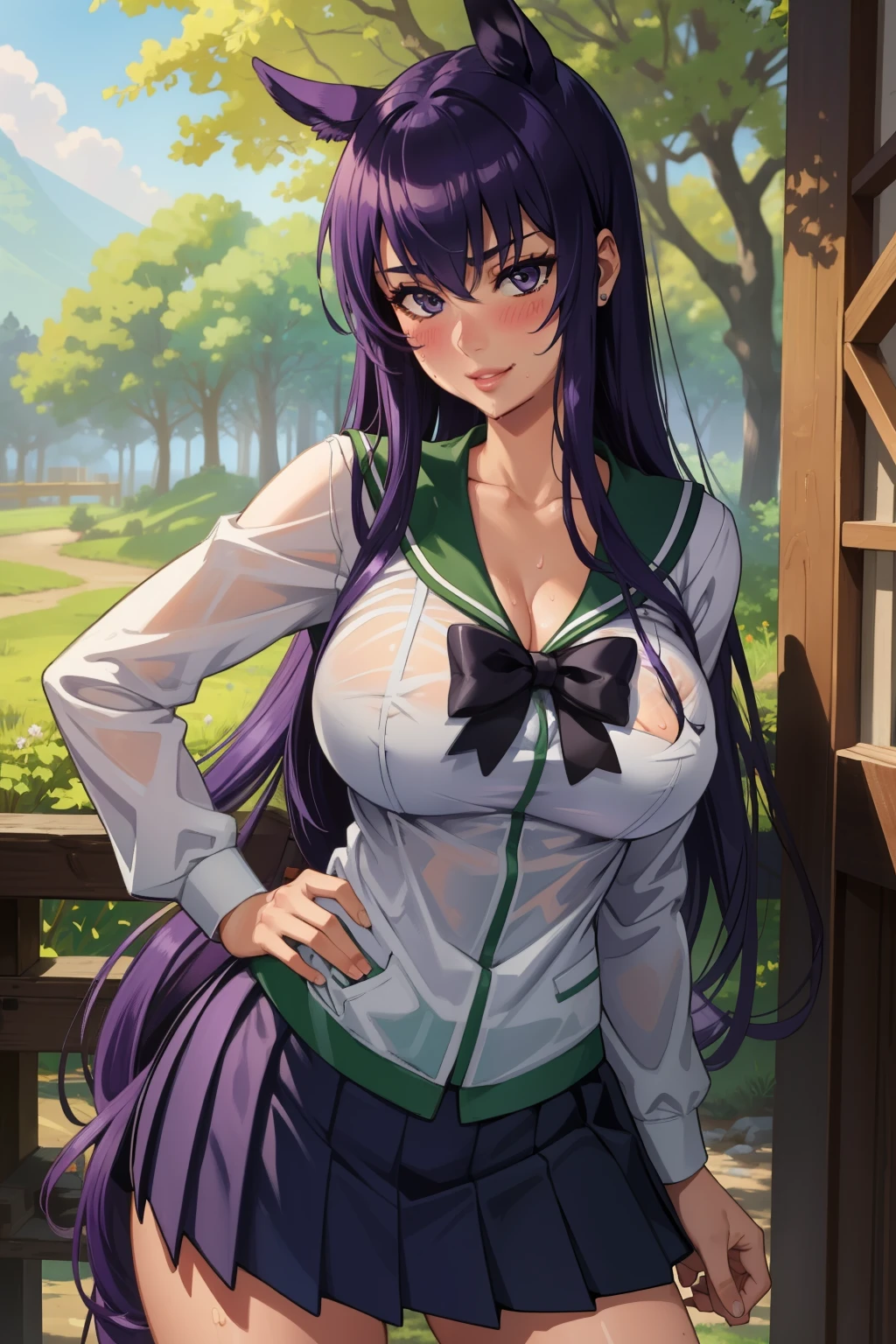 (masterpiece, The best quality),  intricate details,
 1girl, busujima_SAEKO, purple hair, School uniform, Skirt, Horse tail, Very long hair,
  seductive smile, outdoor, forest,  sweating, boob sweat, neckline, lips, blush, wet body