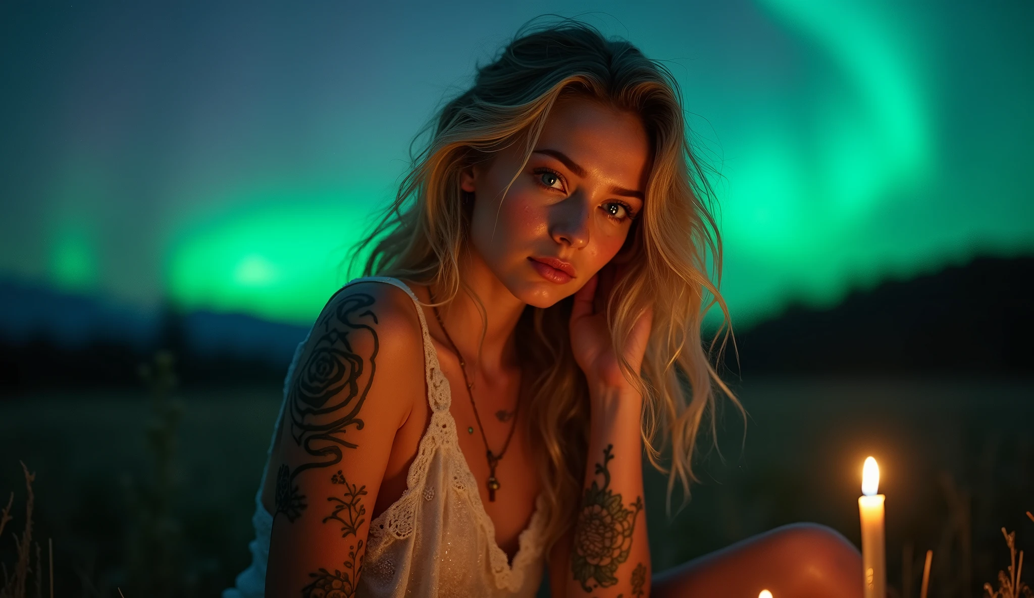 tatuados,a beautiful blonde with big breasts、(Tears),(Back tattoo、Many tattoos on both arms and neck)、 (Outdoor where you can see the aurora at night),Candlelight only,Very detailed, 21 years old, Depressed face, Wavy Hair, blue eyes, High resolution, masterpiece, Highest quality, Intricate details, Very detailed, Clear focus, Delicate skin, practical skin texture, texture, Delicate eyes, Professional, 4K, Sad face,despair、 Shot with Canon, 85mm, Shallow and deep, Kodak Vision Color, Exactly, Very detailed, photograph_\(Extremist\), photographpractical, practical, Post-processing, Maximum details, Roughness, Real Life, Extremist practical, Photorealism, photographgraphy, 8K Ultra HD, photographgraphy