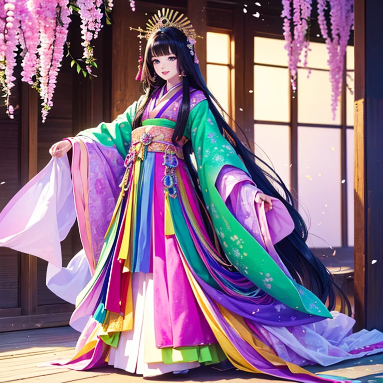 ( High resolution、 Super detailed、masterpiece、Highest quality、High resolution、8k、Detailed Anime)、Heian period、(NHK Taiga Drama、To the Shining One)、Fujiwara Akiko、Young beautiful woman、Beautiful Face、Beautiful Face、Pretty lips、(12 single coats、Light pink、Light purple、yellow、green、blue、red、White color、Colorful overlapping)、(Full Body Shot)、Long black hair、Jewel Ornament、background、garden、Colorful flowers、Vibrant colors、Detailed CG、