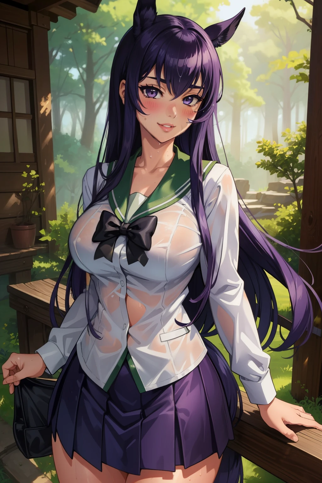 (masterpiece, The best quality),  intricate details,
 1girl, busujima_SAEKO, purple hair, School uniform, Skirt, Horse tail, Very long hair,
  seductive smile, outdoor, forest,  sweating, boob sweat, neckline, lips, blush, wet body