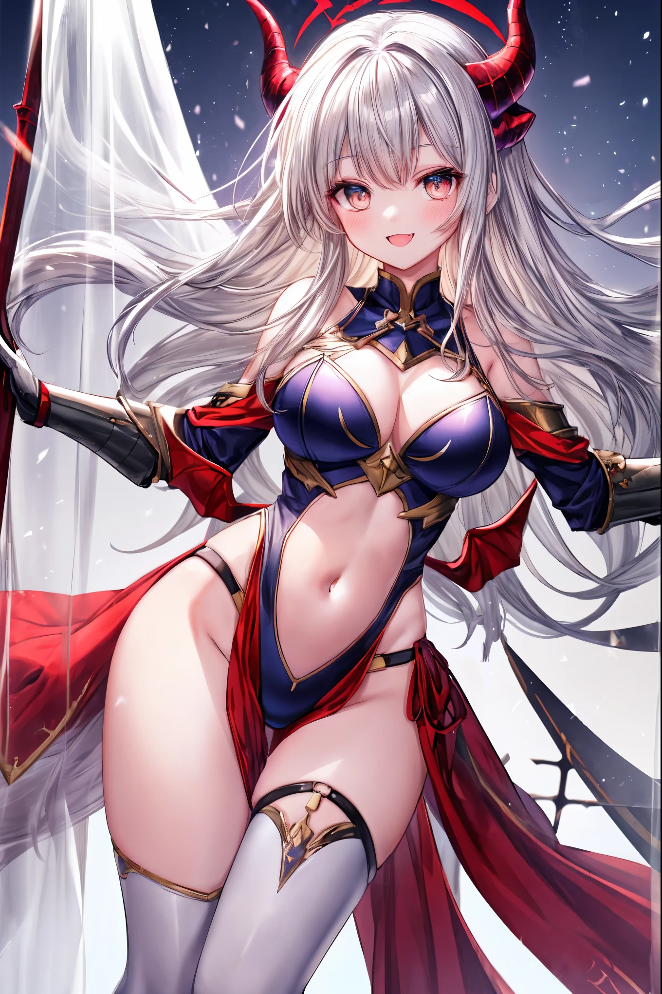 fantasy, 1devil_girl, low_, platina_blond_hair,long_bangs, bare_shoulder, navel out, thighhighs,silver_armor, red_clothes,waist_armor, Glebe, hold_swords, large_tits, dynamic_floating_pose,Floating,(pelvic_curtain:1.3), silver_Headgear ,looking_down_at_sunrise_city_sky_background,,slightly_spread_legs,solo,horn ,smile,,open_legs,open_arms,rise_knee,rise_leg,rise_thigh,rise_leg,apart_legs,fang,Shiny_gold_eyes,crotch