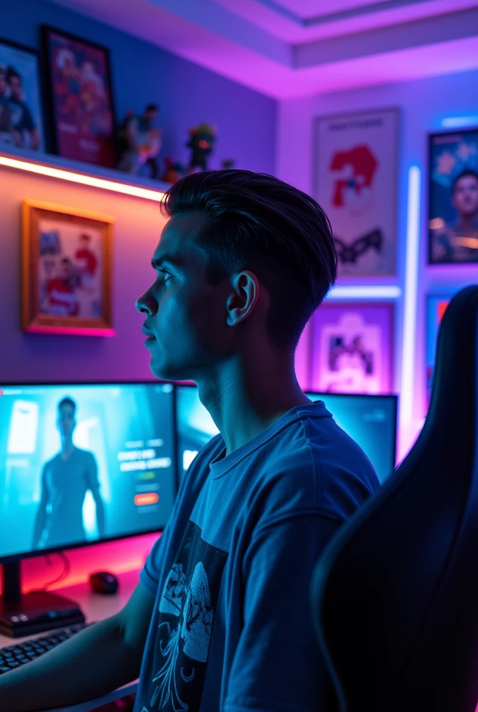 Young man in a gamer room with slicked back hair and a YouTube sign written on the back "congratulations on reaching 100k subscribers"
