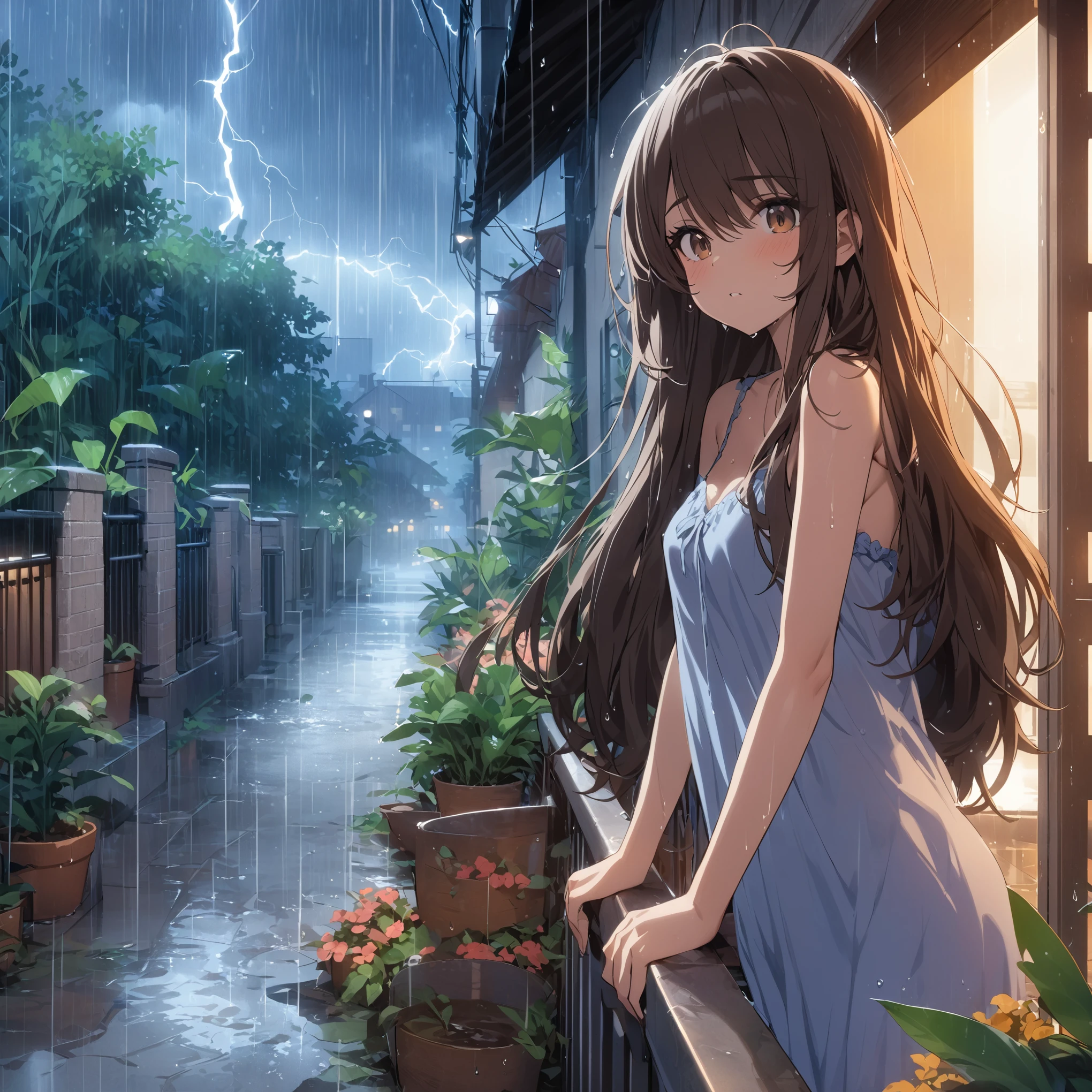 Masterpiece, best quality, young woman leaning out over railing during thunderstorm at night, brown hair, brown eyes, swept bangs, rain, night gown, plants, street, puddles, lightning, 