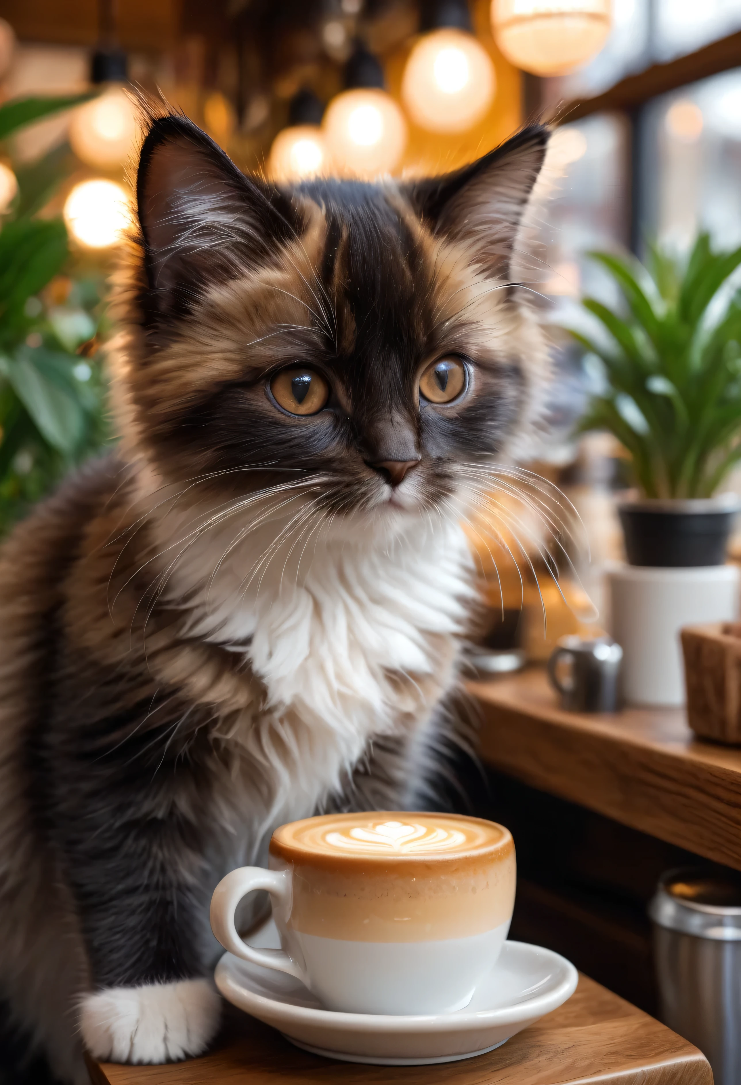 ute kitten in a cozy cafe environment, detailed fur, adorable expression, comfortable cafe setting, warm lighting, wooden table, potted plants, latte art, (best quality,4k,8k,highres,masterpiece:1.2),ultra-detailed,(realistic,photorealistic,photo-realistic:1.37),intricate details, soft textures, natural looking, cinematic lighting, vibrant colors, charming atmosphere mais aconchegante