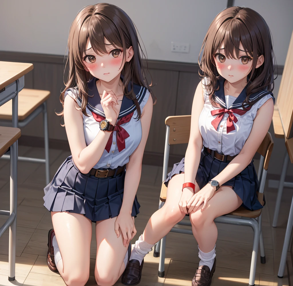NSFW, (8k、Best image quality、Highest quality、masterpiece)、Detailed face、Detailed Background, Improve,((1 beautiful woman, 35 years old)), (Light brown hair:1.3), Long Wavy Hair, Blunt Bang, big , (White sleeveless blouse), (Sailor collar), (Red ribbon), (Navy blue pleated mini skirt), ((red watch)),((Brown belt)), (White loose socks), loafers, (A tense look:1.5), (blush:1.4), sit in a classroom chair, Spread your legs, (Put your hands on your knees:1.5), from the front, whole body, (I can see your pants:1.3), Black panties