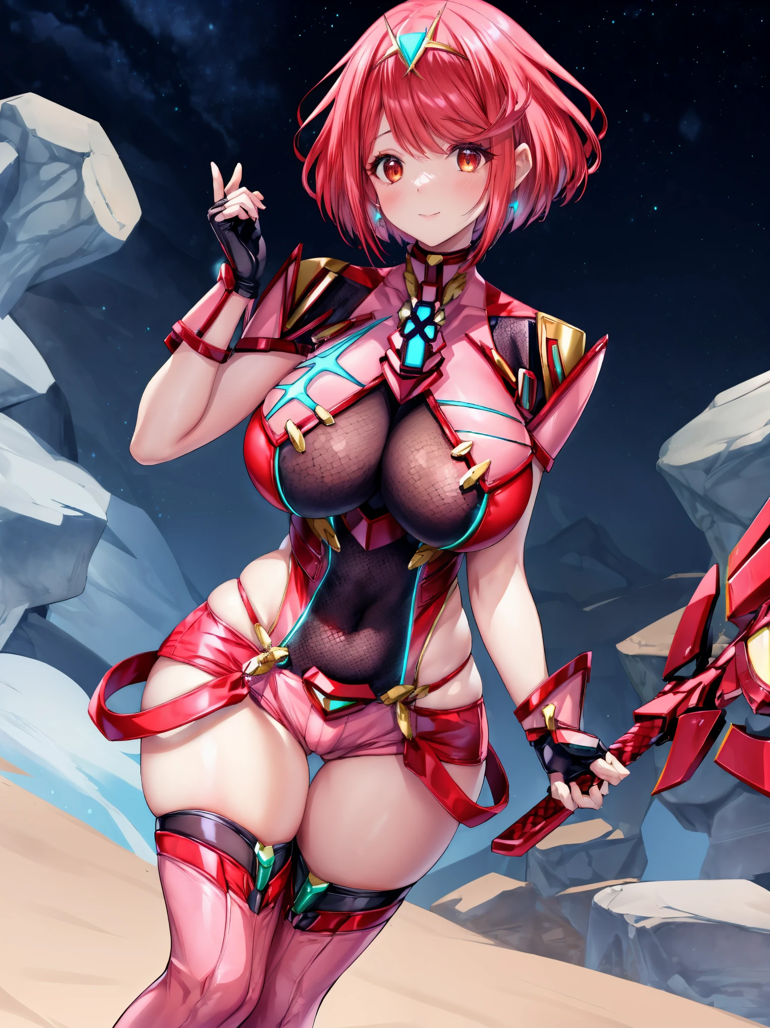 pyra \(xenoblade\), young_teen_1girl, armor, bangs, black gloves, breasts, red eyes, closed mouth, earrings, eyelashes, fingerless gloves, floating hair, framed breasts, gem, gloves, hair ornament, headpiece, jewelry, big_breasts, leotard, neon trim, official art, red hair, red shorts, saitou masatsugu, short hair, short shorts, short sleeves, shorts, sidelocks, skin tight, solo, swept bangs, thighhighs, tiara, night_prairie_background, turtleneck, underbust, vambraces, xenoblade chronicles \(series\), (xenoblade chronicles 2), apart_legs, fire_effect,dynamic_pose_fighting,light_smile, (plump:1.1), big_ass,huge_sword, hold_large_sword_hilt, solo, covered_nipples, covered_pussy,