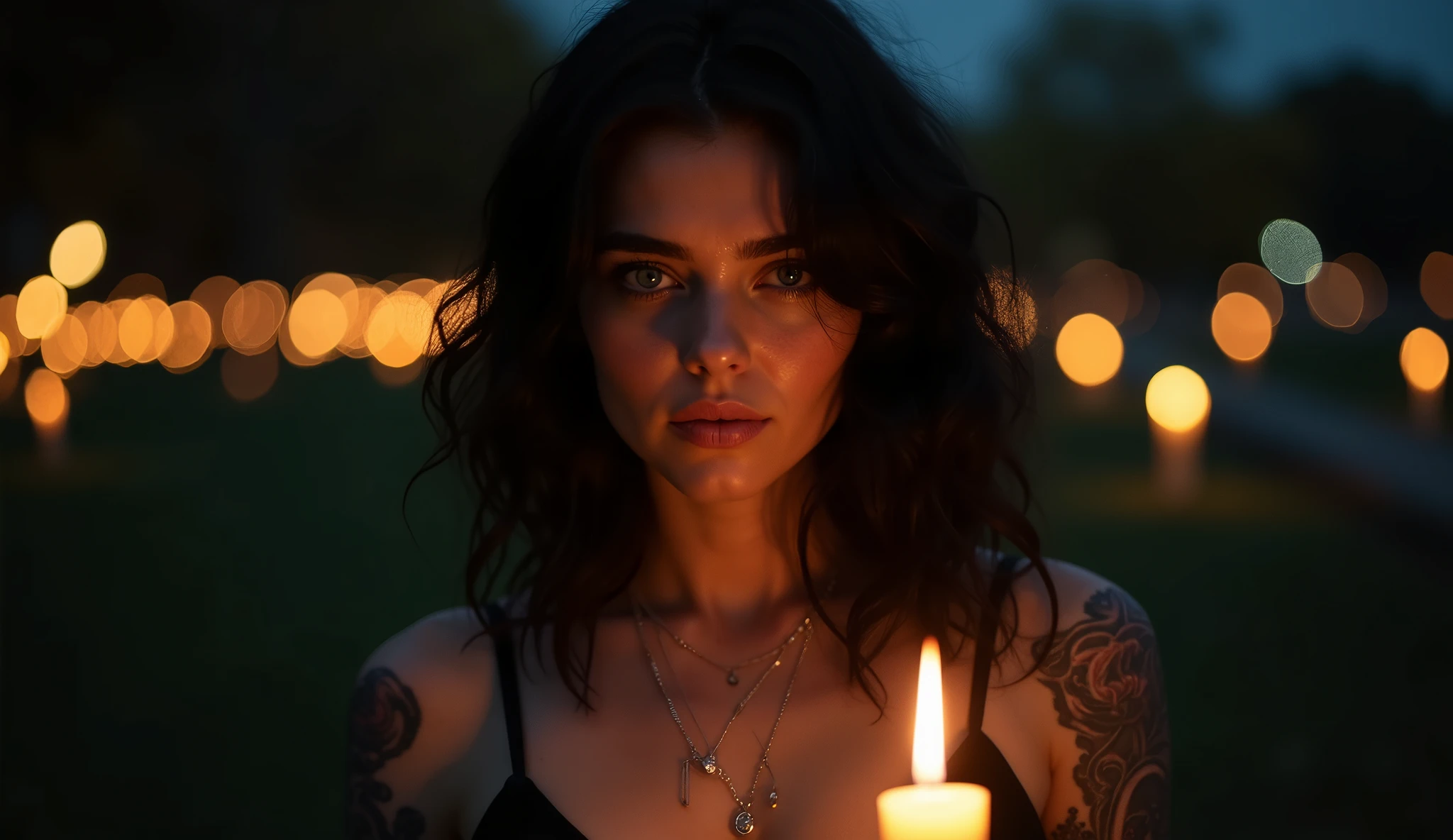 tatuados,Very beautiful big breasts、(Tears),(Back tattoo、Many tattoos on both arms and neck)、 (late night new york,Central Park),Candlelight only,Very detailed, 21 years old, A beautiful woman,Depressed face, Black Hair,Wavy Hair, blue eyes, High resolution, masterpiece, Highest quality, Intricate details, Very detailed, Clear focus, Delicate skin, practical skin texture, texture, Delicate eyes, Professional, 8k, Sad face,despair、 Shot with Canon, 85mm, Shallow and deep, Kodak Vision Color, Exactly, Very detailed, photograph_\(Extremist\), photographpractical, practical, Post-processing, Maximum details, Roughness, Real Life, Extremist practical, Photorealism, photographgraphy, 8k ウルトラ HD, photographgraphy