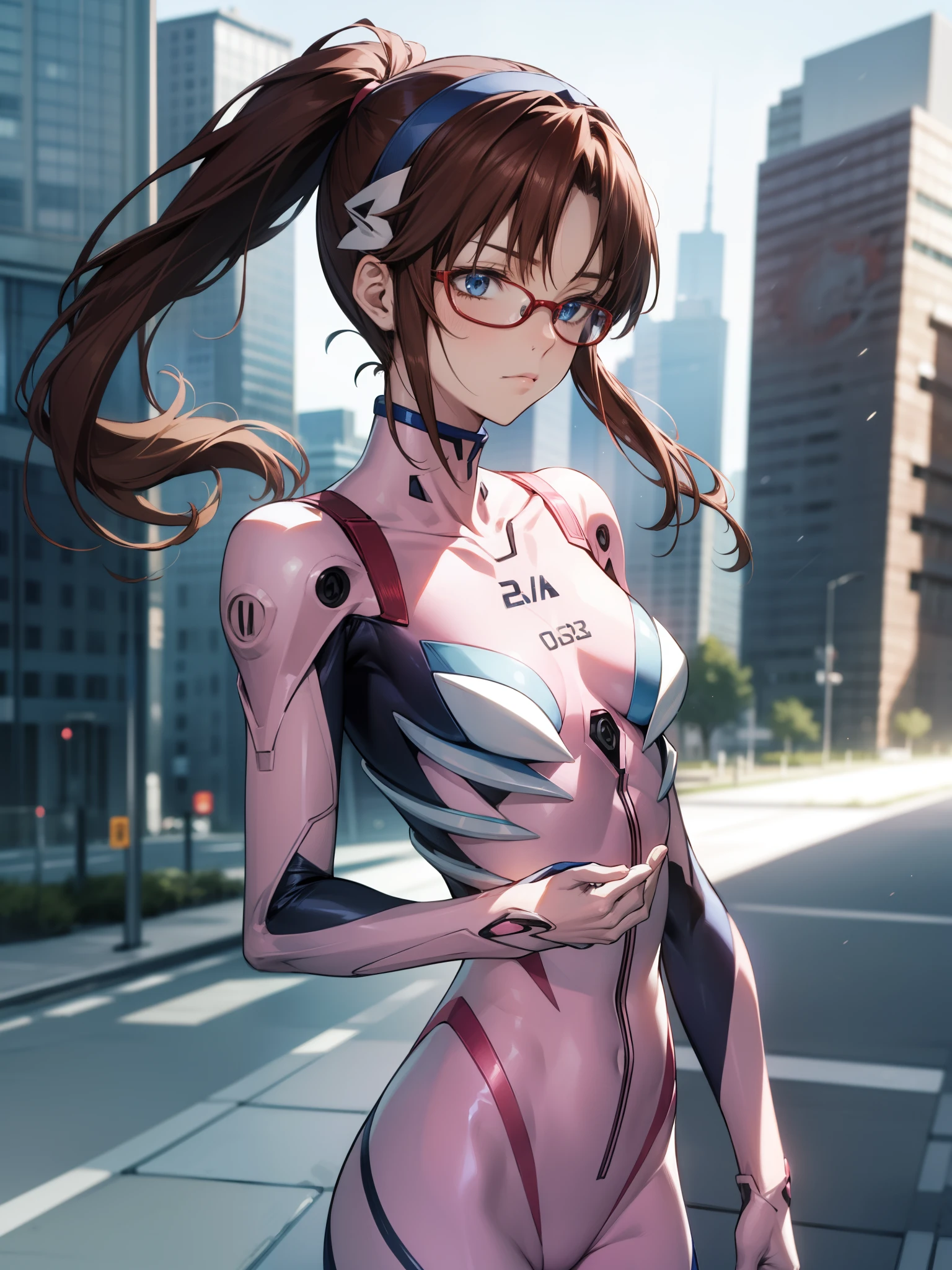 marimakinami, Mari Makinami, blue eyes, Brown Hair, Glasses, head band, Twin tails,
break bodysuit, Pink bodysuit, Plug Suit,
break outdoors, city,
break looking at viewer, 
break (masterpiece:1.2), Highest quality, High resolution, unity 8k wallpaper, (figure:0.8), (Beautiful attention to detail:1.6), Highly detailed face, Perfect lighting, Highly detailed CG, (Perfect hands, Perfect Anatomy),