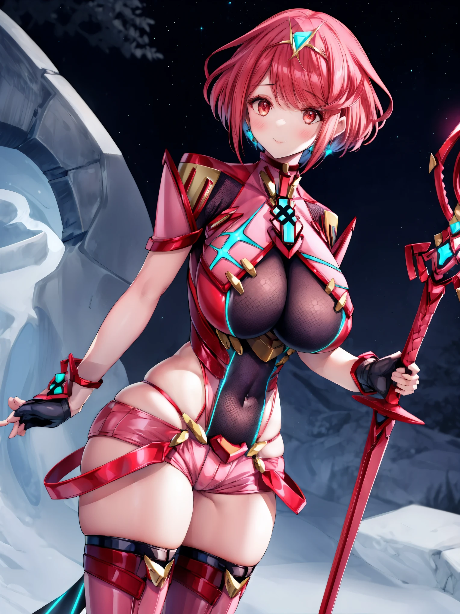 pyra \(xenoblade\), young__1girl, armor, bangs, black gloves, breasts, red eyes, closed mouth, earrings, eyelashes, fingerless gloves, floating hair, framed breasts, gem, gloves, hair ornament, headpiece, jewelry, big_breasts, leotard, neon trim, official art, red hair, red shorts, saitou masatsugu, short hair, short shorts, short sleeves, shorts, sidelocks, skin tight, solo, swept bangs, thighhighs, tiara, night_prairie_background, turtleneck, underbust, vambraces, xenoblade chronicles \(series\), (xenoblade chronicles 2), apart_legs, fire_effect,dynamic_pose_fighting,light_smile, (plump:1.1), big_ass,huge_sword, hold_large_sword_hilt, solo, covered_nipples, covered_pussy,