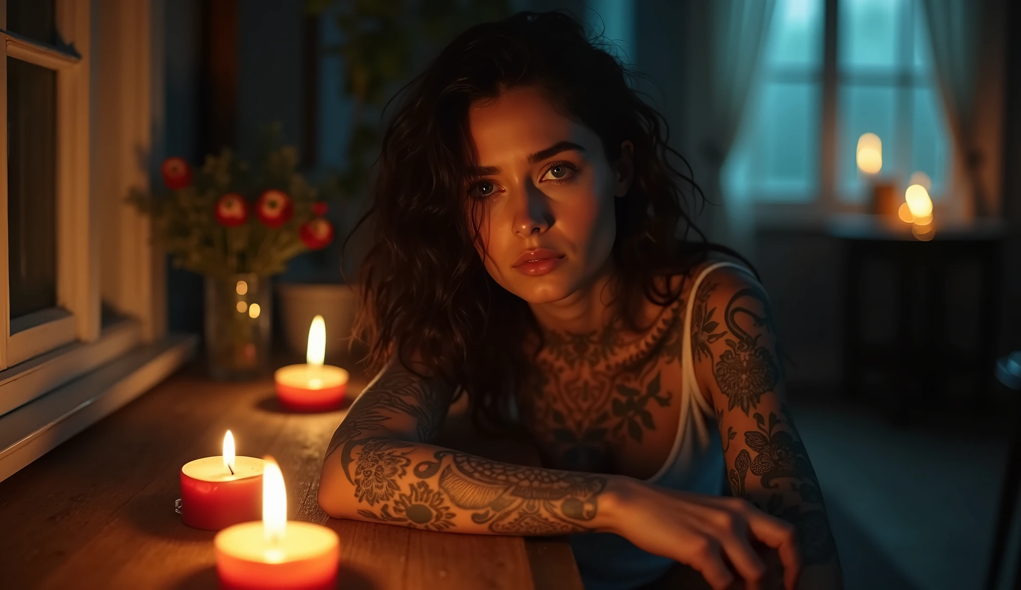 tatuados,Very beautiful big breasts、(Tears),(Back tattoo、Many tattoos on both arms and neck)、 (Sydney Opera House at night),Candlelight only,Very detailed, 21 years old, A beautiful woman,Depressed face, Black Hair,Wavy Hair, blue eyes, High resolution, masterpiece, Highest quality, Intricate details, Very detailed, Clear focus, Delicate skin, practical skin texture, texture, Delicate eyes, Professional, 8k, Sad face,despair、 Shot with Canon, 85mm, Shallow and deep, Kodak Vision Color, Exactly, Very detailed, photograph_\(Extremist\), photographpractical, practical, Post-processing, Maximum details, Roughness, Real Life, Extremist practical, Photorealism, photographgraphy, 8k ウルトラ HD, photographgraphy