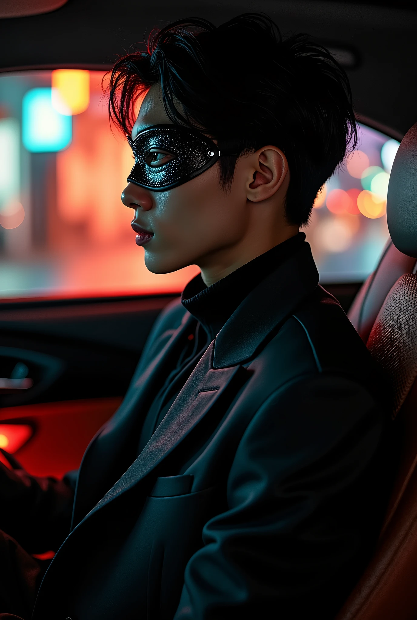 Arabian man wearing a black jacket and holding a mobile phone is riding in a car, male Ulzzang, Shin Jinyoung, Shin Jinyoung aesthetic, A slender, delicate face, Kim Do-young, Wearing a black menpo mask, Ulzzang, Jungkook, The boy has short black hair, Cai Xukun, Kanriu 666