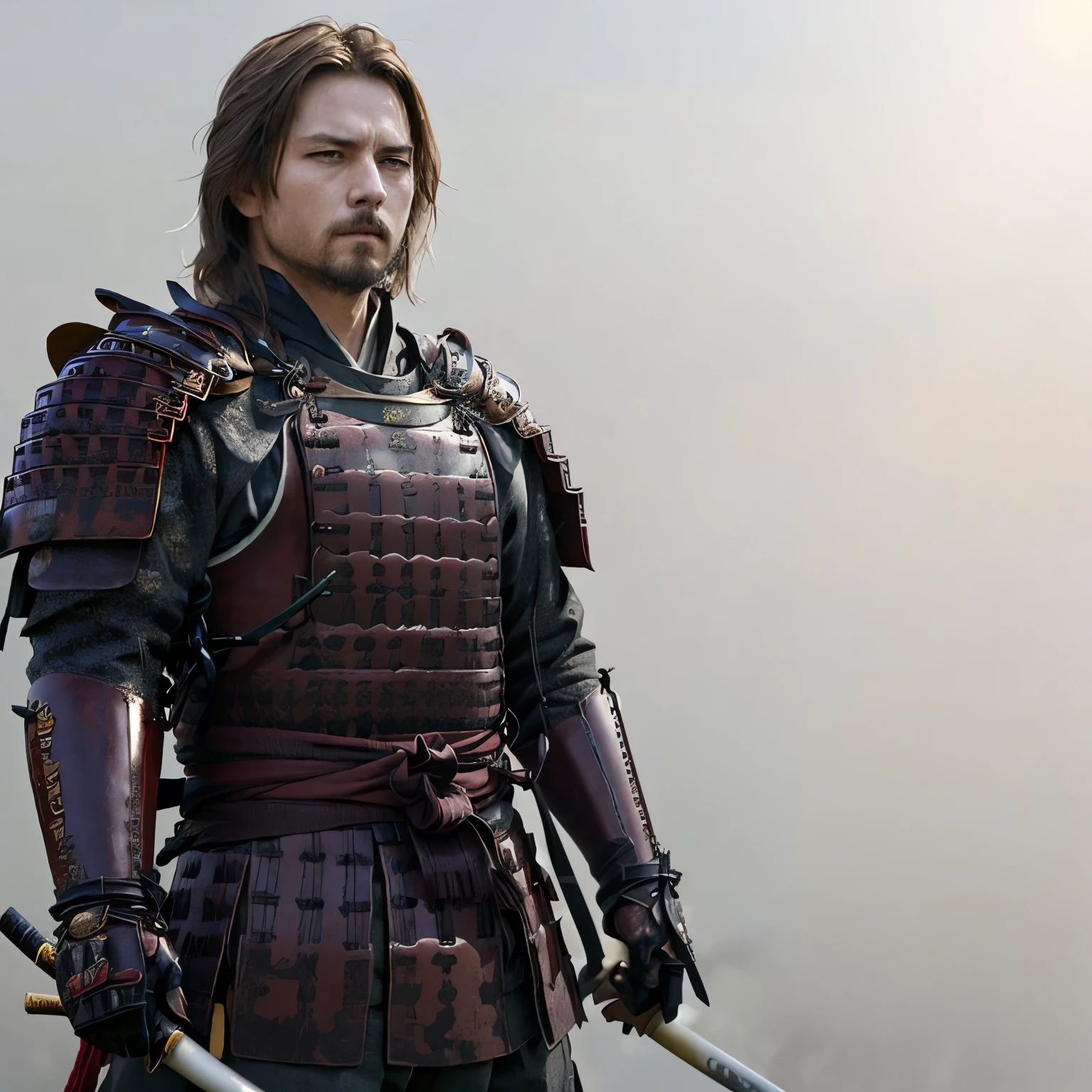 (masterpiece, Highest quality:1.2), The Last Samurai tc, alone、(Departing into the morning mist of dawn)、Blur the background、Wearing black-based armor with red threats、