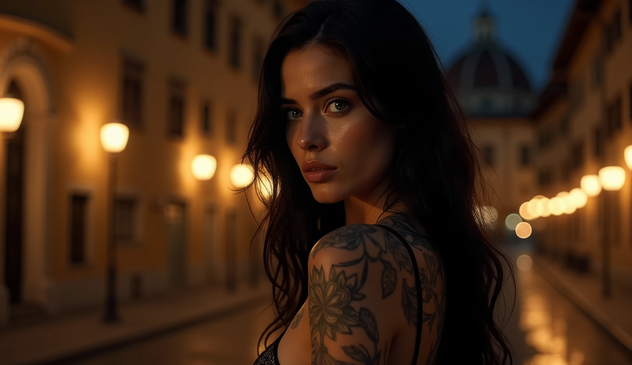tatuados,Very beautiful big breasts、(Tears),(Back tattoo、Many tattoos on both arms and neck)、 (Florence at night,renaissance architecture),Candlelight only,Very detailed, 21 years old, A beautiful woman,Depressed face, Black Hair,Wavy Hair, blue eyes, High resolution, masterpiece, Highest quality, Intricate details, Very detailed, Clear focus, Delicate skin, practical skin texture, texture, Delicate eyes, Professional, 8k, Sad face,despair、 Shot with Canon, 85mm, Shallow and deep, Kodak Vision Color, Exactly, Very detailed, photograph_\(Extremist\), photographpractical, practical, Post-processing, Maximum details, Roughness, Real Life, Extremist practical, Photorealism, photographgraphy, 8k ウルトラ HD, photographgraphy