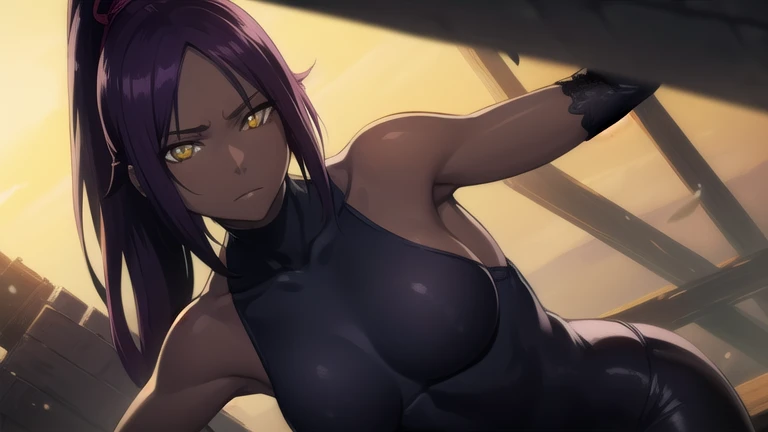 yoruichishihouin, yoruichi shihouin, long hair, (yellow eyes:1.5), ponytail, purple hair, dark skin, dark-skinned female,
BREAK bodysuit, black bodysuit, bare arms, bare shoulders, sideboob,
BREAK outdoors,
BREAK looking at viewer, (cowboy shot:1.5),
BREAK (masterpiece:1.2), best quality, high resolution, unity 8k wallpaper, (illustration:0.8), (beautiful detailed eyes:1.6), extremely detailed face, perfect lighting, extremely detailed CG, (perfect hands, perfect anatomy),
