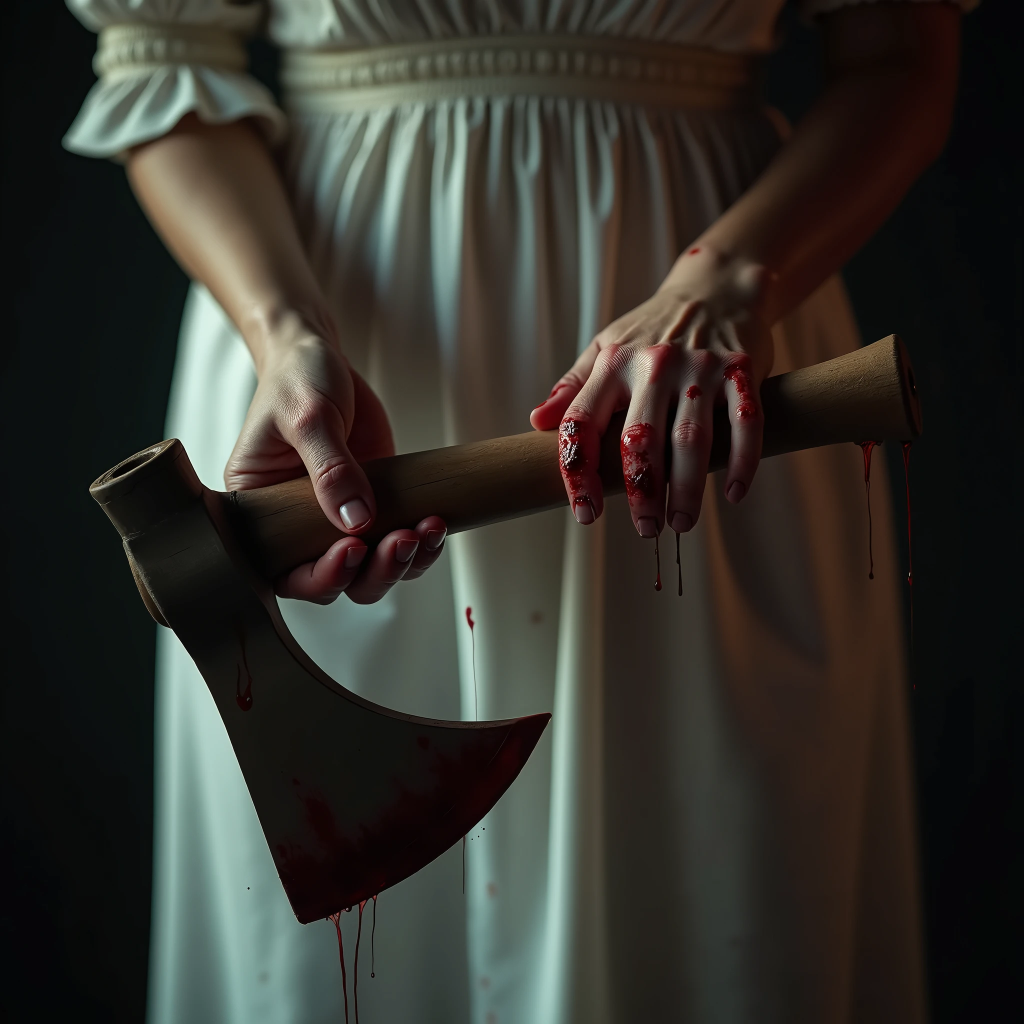 (a woman's closeup hands gripping a bloodied hatchet handle:2.0), white dress heavily stained with blood, blood dripping, horror,dramatic lighting,chiaroscuro,gritty,dark,moody,realistic,detailed,hyper-realistic,4k,8k,highres,masterpiece:1.2,ultra-detailed,realistic:1.37,professional,vivid colors,dramatic shadows