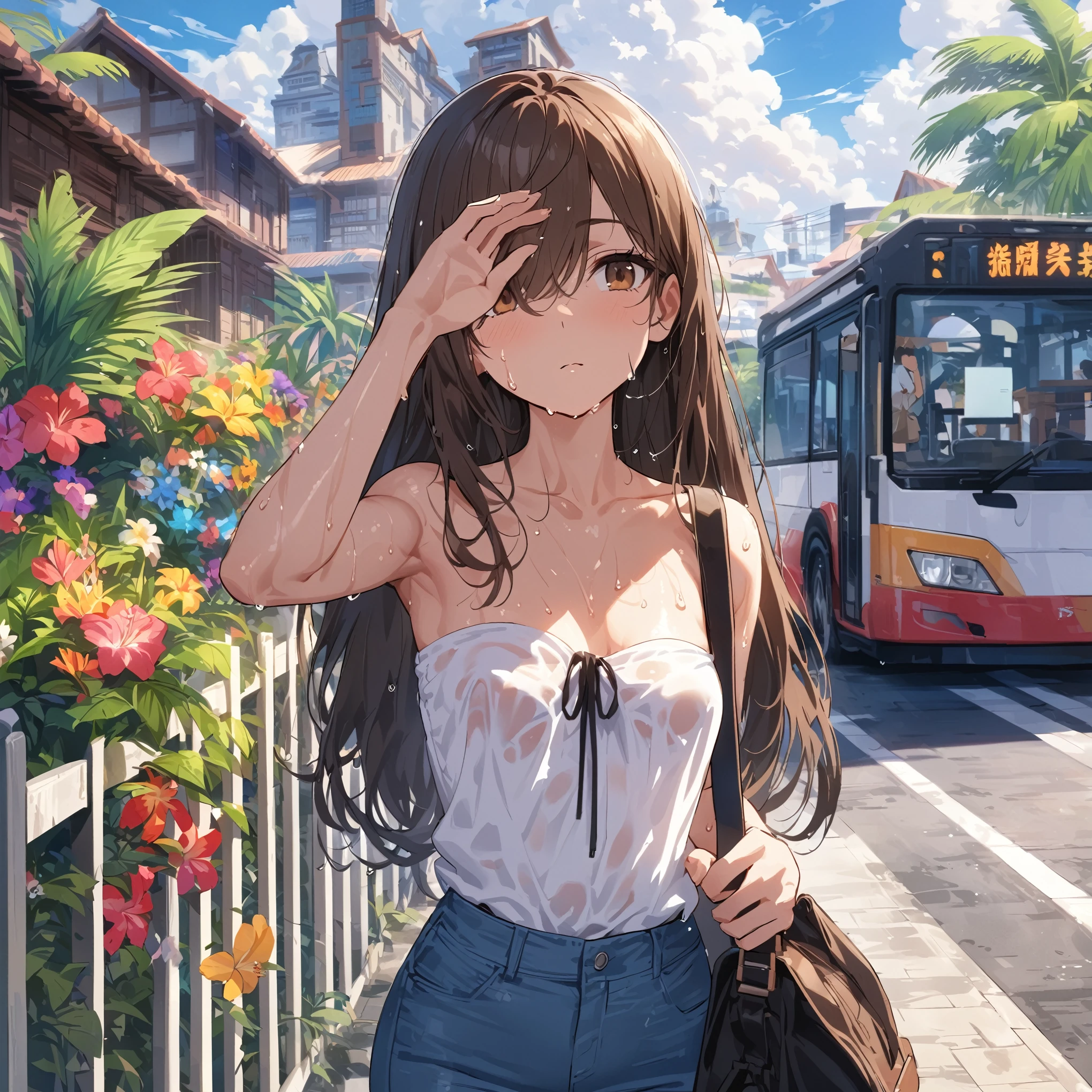 Best quality, masterpiece, stoic, walking home, very long hair, hand above eyes, brown hair, swept bangs, brown eyes, strapless white shirt with black string, jeans, satchel, small breasts, toned arms, sweat, wet clothes, wet skin, tropical plants, heat wave, courtyard, neighborhood, colorful flowers, fence, trees, river, clouds, crowd, teal building complex,