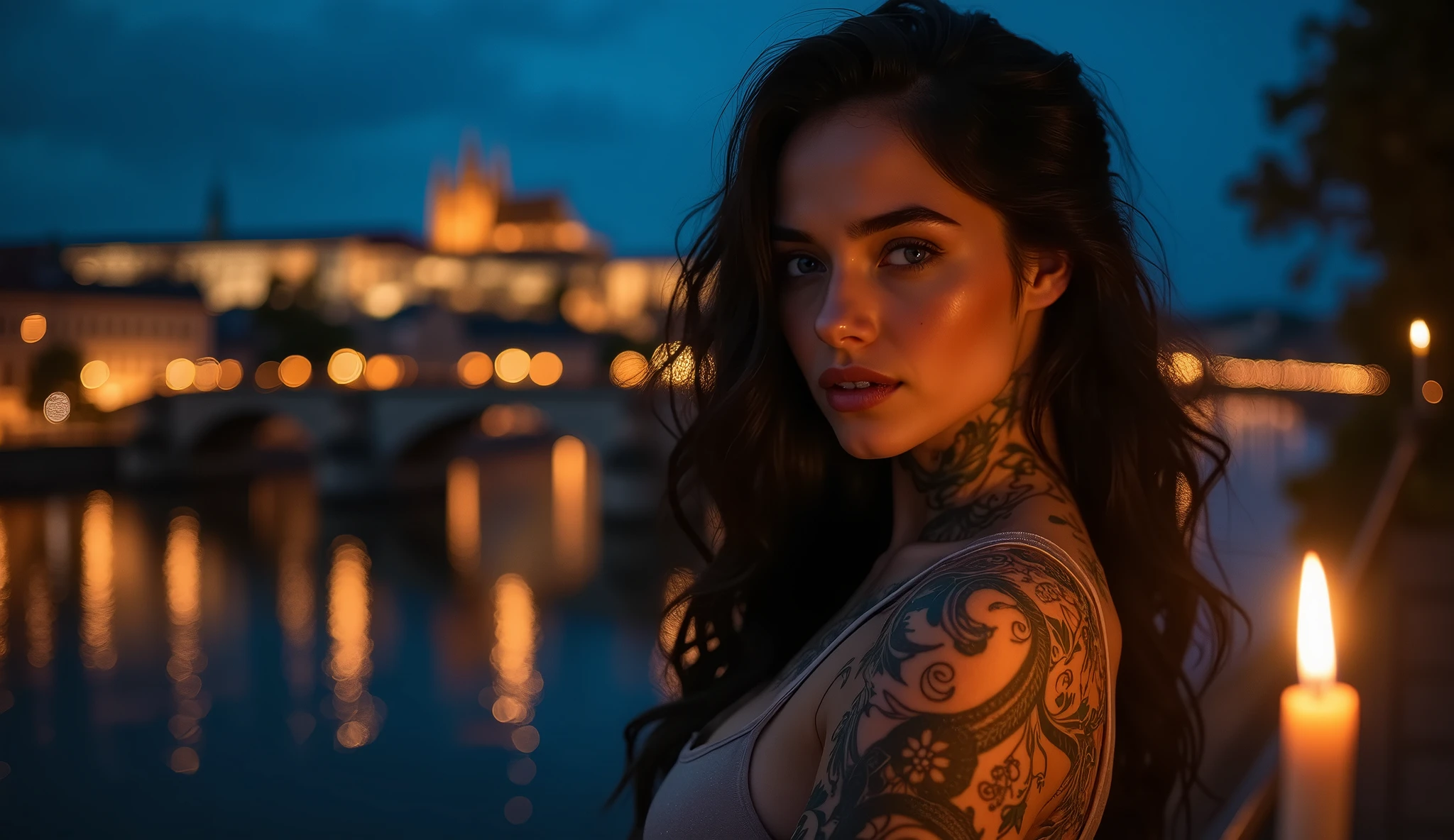 tatuados,Very beautiful big breasts、(Tears),(Back tattoo、Many tattoos on both arms and neck)、 (Prague at Night,Night view of the Charles Bridge and the castle),Candlelight only,Very detailed, 21 years old, A beautiful woman,Depressed face, Black Hair,Wavy Hair, blue eyes, High resolution, masterpiece, Highest quality, Intricate details, Very detailed, Clear focus, Delicate skin, practical skin texture, texture, Delicate eyes, Professional, 8k, Sad face,despair、 Shot with Canon, 85mm, Shallow and deep, Kodak Vision Color, Exactly, Very detailed, photograph_\(Extremist\), photographpractical, practical, Post-processing, Maximum details, Roughness, Real Life, Extremist practical, Photorealism, photographgraphy, 8k ウルトラ HD, photographgraphy