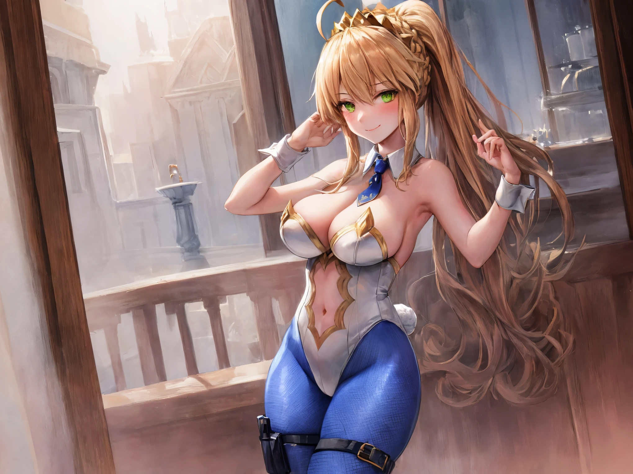 masterpiece, best quality, absurdres, soft lighting, looking at viewer, solo, light_smile, shy,
1girl, ahoge, rabbit ears, playboy bunny, artoria pendragon \(swimsuit ruler\) \(fate\), large breasts , blonde hair, green eyes, french braid, pony tail
bare shoulders, large breasts , cleavage,
clothing cut out, wrist cuffs, detached collar, navel cutout, feather boa,
white leotard, blue necktie, blue pantyhose, single thigh strap, hands_on_head,put_hands_up,
squat,gorgeous_fountain_landscape_background,solo,rabbit_posing,large_thighs,Extend_fingers,palm,open_legs,.solo