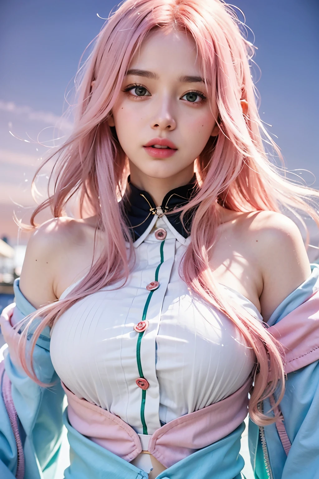 young woman, pale skin, short bubblegum pink hair, wide forehead, emerald green eyes, buttoned nose, peach lips, heart-shaped face, slender, red clothes, Sakura Haruno, 3d, realism, angelic face, maya in net