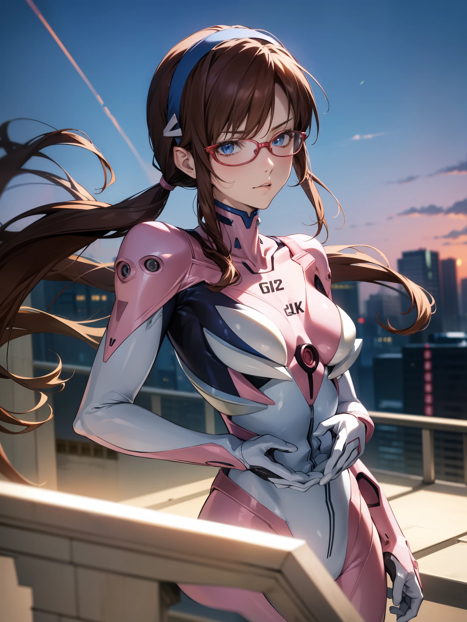 marimakinami, Mari Makinami, blue eyes, Brown Hair, Glasses, head band, Twin tails,
break bodysuit, Pink bodysuit, Plug Suit,
break outdoors, city,
break looking at viewer,
break (masterpiece:1.2), Highest quality, High resolution, unity 8k wallpaper, (figure:0.8), (Beautiful attention to detail:1.6), Highly detailed face, Perfect lighting, Highly detailed CG, (Perfect hands, Perfect Anatomy),