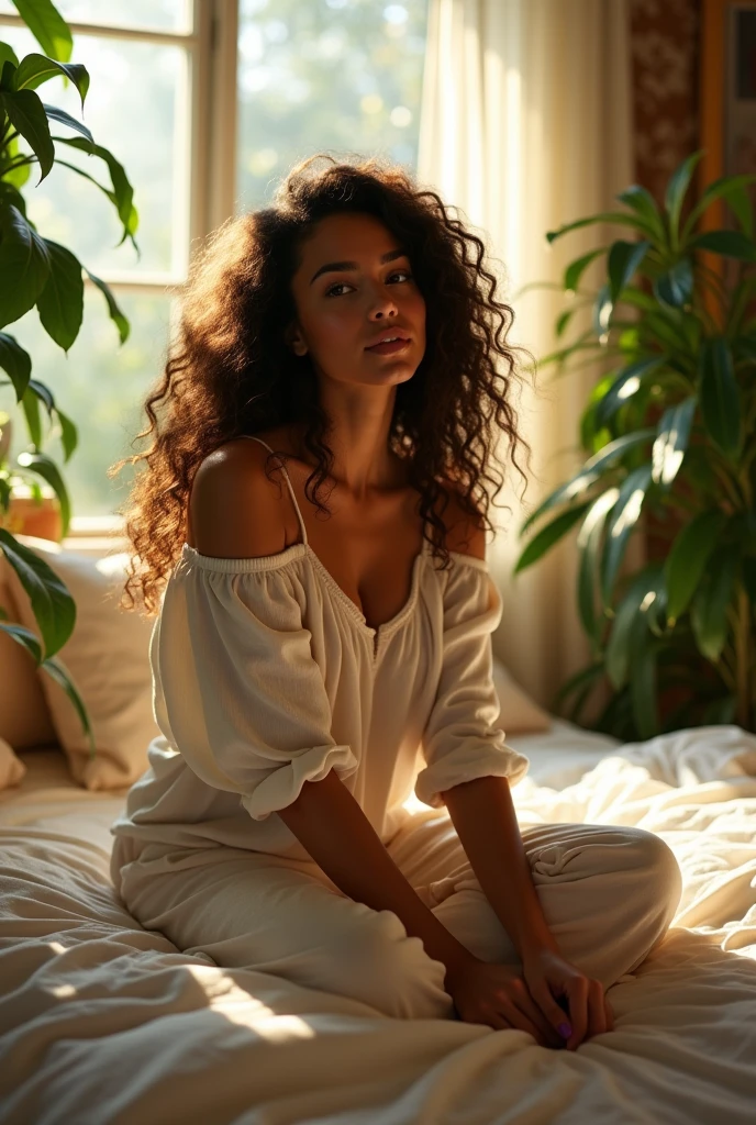 (photorealism:1.2), beautiful woman, sitting on bed, wearing loose off-shoulder top, pajama pants, long curly hair, indoors, soft lighting, plants in background, window with sunlight, cozy room, relaxed pose, realistic, intricate details, warm colors, by Greg Rutkowski, by Alphonse Mucha