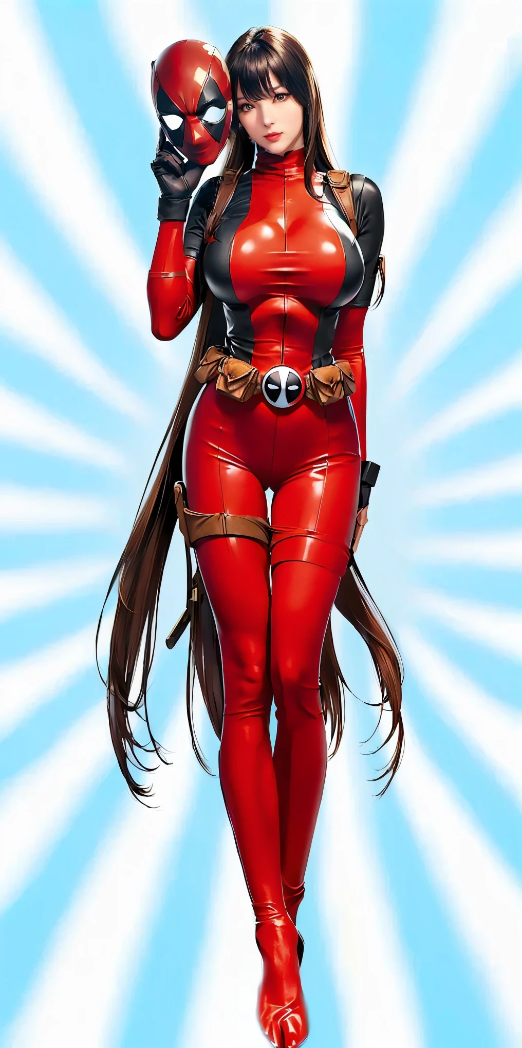 (（（Perfect body,White and tender skin,（（（BodySuit_lady_deadpool_ownwaifu，bodysuit, skin tight, superhero, Belt Pouch, utility belt, red bodysuit, gloves, weapon on back, thigh pouch, thigh strap, thigh holster, belt buckle, turtleneck,  ）））,（（（ailisha，Black long hair, super long hair, slanted bangs, brown eyes, red lips））），((masterpiece)),high resolution, ((Best quality at best)),masterpiece,quality,Best quality,（（（ Exquisite facial features,Looking at the audience,There is light in the eyes,Smile））），Mask in hand）））,（（（Light and shadow,Huge breasts，）））,（（（Looking at the camera,black background,)））),