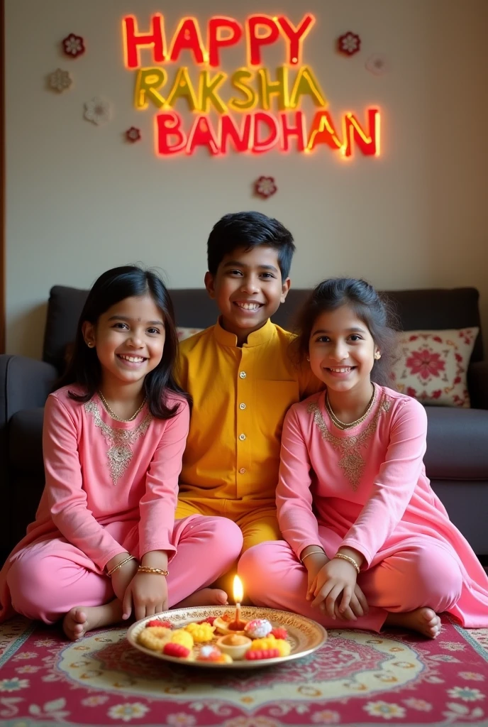 Two young sisters, ages 10 and 12, are celebrating Raksha Bandhan with their 15-year-old brother. The girls wear matching pink salwar kameez outfits, while the boy is in a yellow kurta. They're sitting cross-legged on a patterned rug in their living room. A plate with rakhis, sweets, and a small diya lamp is in front of them. On the wall behind them, "HAPPY RAKSHA BANDHAN" is painted in colorful letters, with "NIVA, ARADHYA& SATYAM" written underneath. 4k image, warm indoor lights.