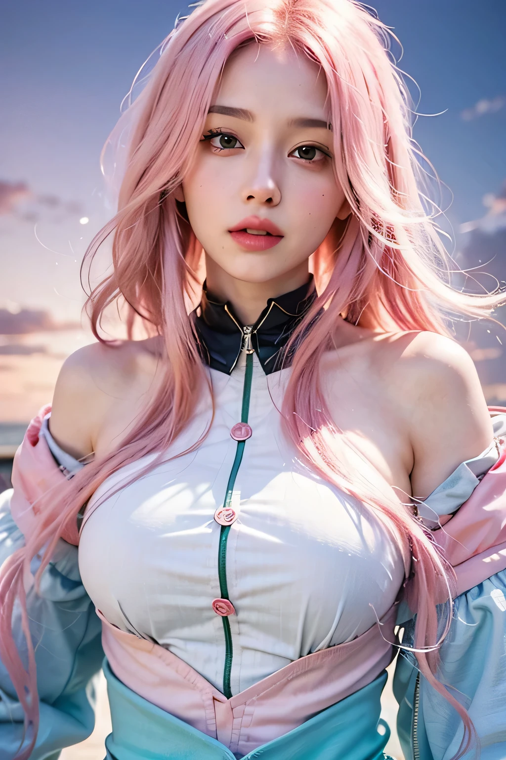 young woman, pale skin, short bubblegum pink hair, wide forehead, emerald green eyes, buttoned nose, peach lips, heart-shaped face, slender, red clothes, Sakura Haruno, 3d, realism, angelic face, maya in net