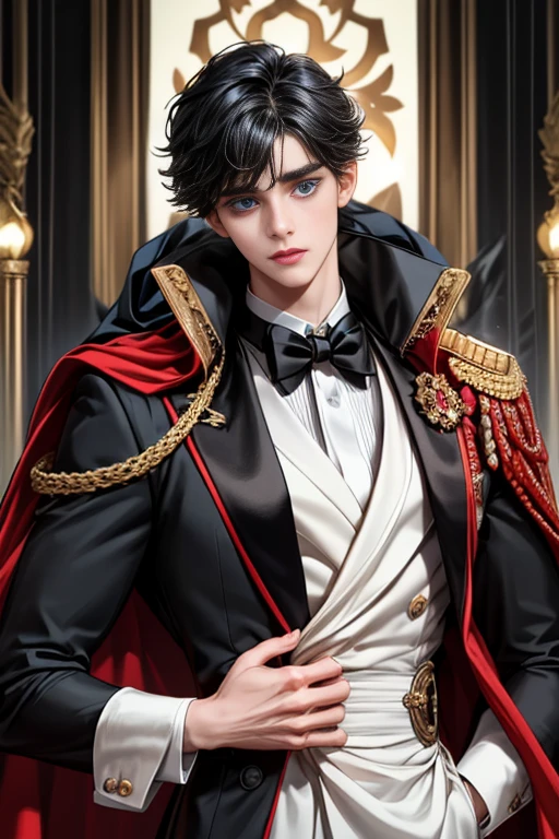 masterpiece, 最high quality, high quality, 1 boy, alone, Male focus, Upper Body,Watching the audience, Messy black hair, Adorable big blue eyes, White, Noble, Noble,A black and red cape that is bursting with sexy volume、Tuxedo、A very voluminous, large, very large, very large, long, long red and black cape with a high stand-up collar, made of a lot of fabric that reaches down to the floor., ,cute beautiful,Cute, cute, kind, handsome guy