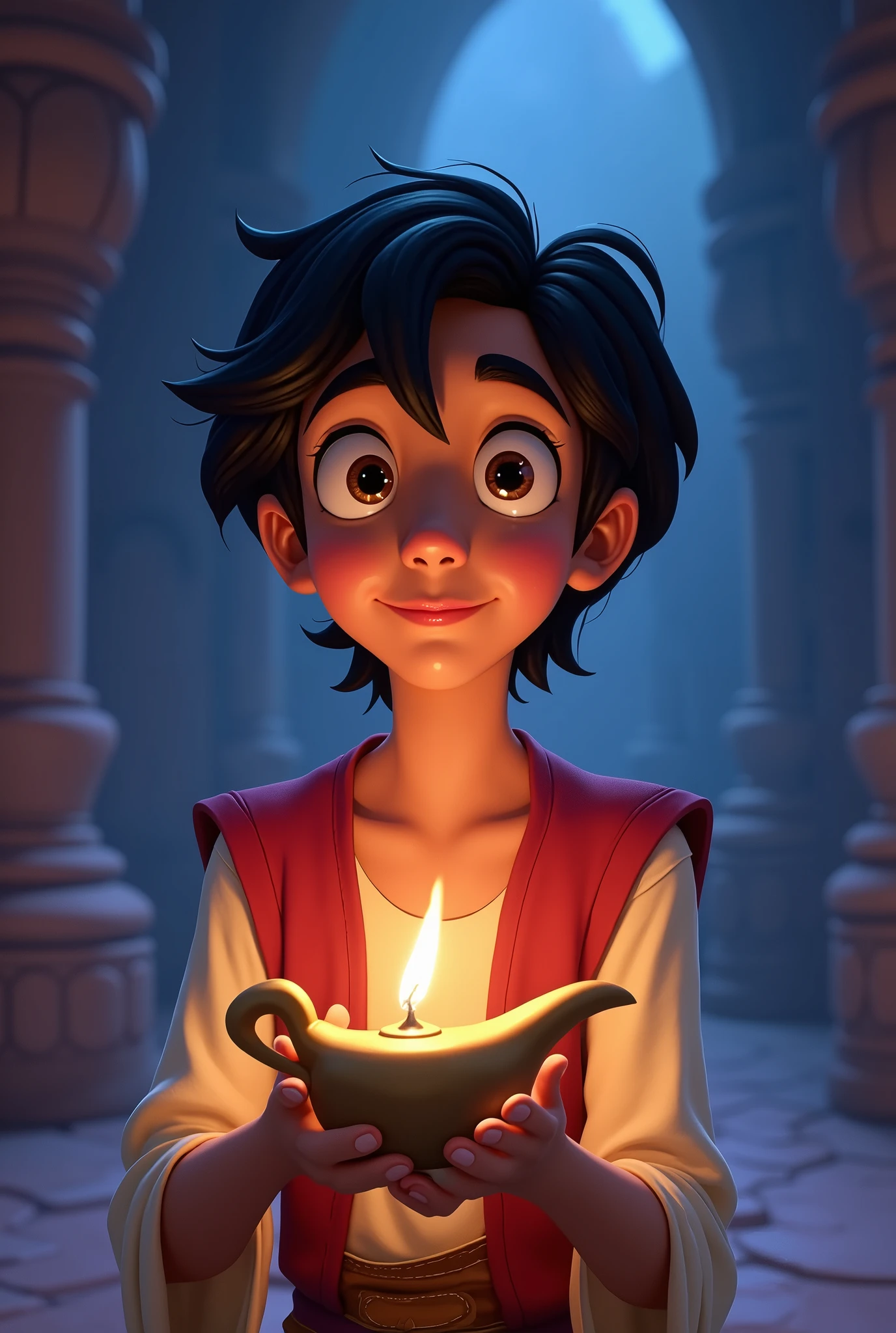 Aladdin, the main character in Aladdin. He is a young man living in poverty in the desert kingdom of Agrabah. Although he makes ends meet by sneaking around, he yearns for his late mother and tries to one day become someone she would not be ashamed of. By chance, he becomes the master of Jeannie, the spirit of the lamp. The cheerful lamp nymph Jeanie serves Aladdin, who becomes her master, and tries to fulfil his ‘three wishes’. His big eyes should be wide open, reflecting the surreal world of the desert kingdom of Agrabah. Genie the jolly lamp fairy, Aladdin, the Wizard, etc. The lighting is soft yet dramatic, and the suitors, who are only pretentious, are affectionate and crave their freedom. She is a modern woman who is intelligent and strong, sometimes using her own beauty as a weapon. The colour palette is a mix of soft pastels and dark, introspective tones, creating a balance between innocence and the complexity of her thoughts.
