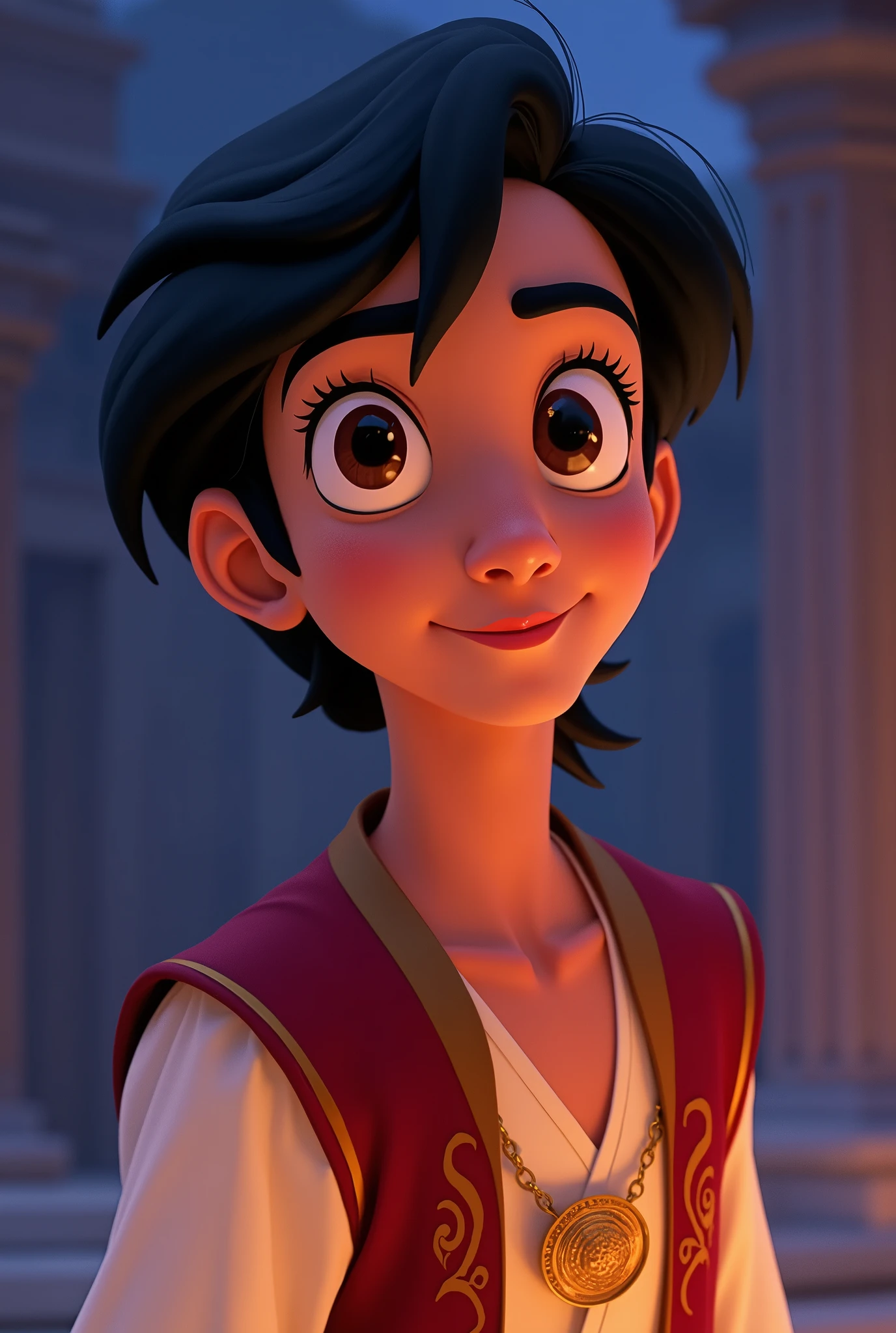 Aladdin, the main character in Aladdin. He is a young man living in poverty in the desert kingdom of Agrabah. Although he makes ends meet by sneaking around, he yearns for his late mother and tries to one day become someone she would not be ashamed of. By chance, he becomes the master of Jeannie, the spirit of the lamp. The cheerful lamp nymph Jeanie serves Aladdin, who becomes her master, and tries to fulfil his ‘three wishes’. His big eyes should be wide open, reflecting the surreal world of the desert kingdom of Agrabah. Genie the jolly lamp fairy, Aladdin, the Wizard, etc. The lighting is soft yet dramatic, and the suitors, who are only pretentious, are affectionate and crave their freedom. She is a modern woman who is intelligent and strong, sometimes using her own beauty as a weapon. The colour palette is a mix of soft pastels and dark, introspective tones, creating a balance between innocence and the complexity of her thoughts.
