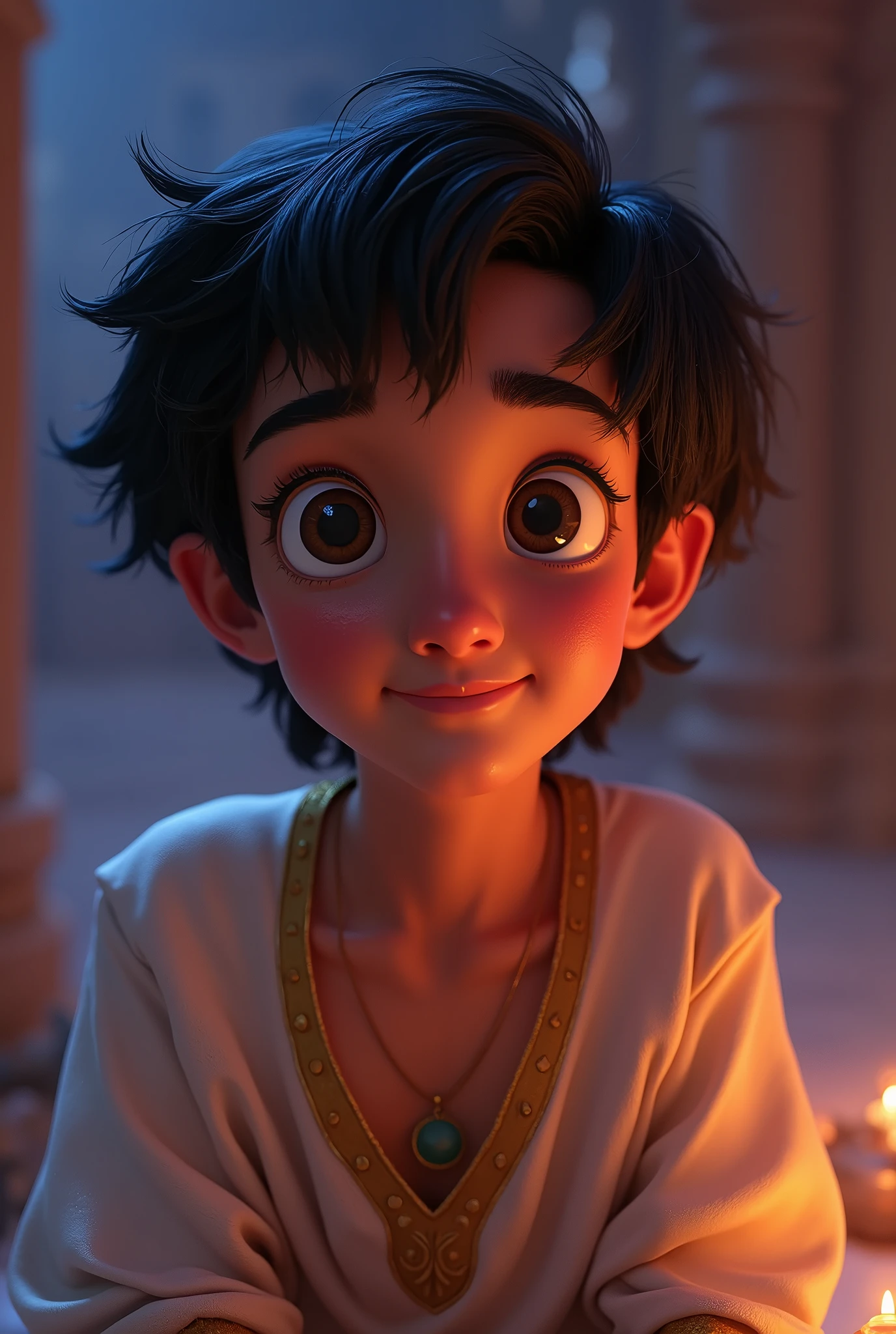 Aladdin, the main character in Aladdin. He is a young man living in poverty in the desert kingdom of Agrabah. Although he makes ends meet by sneaking around, he yearns for his late mother and tries to one day become someone she would not be ashamed of. By chance, he becomes the master of Jeannie, the spirit of the lamp. The cheerful lamp nymph Jeanie serves Aladdin, who becomes her master, and tries to fulfil his ‘three wishes’. His big eyes should be wide open, reflecting the surreal world of the desert kingdom of Agrabah. Genie the jolly lamp fairy, Aladdin, the Wizard, etc. The lighting is soft yet dramatic, and the suitors, who are only pretentious, are affectionate and crave their freedom. She is a modern woman who is intelligent and strong, sometimes using her own beauty as a weapon. The colour palette is a mix of soft pastels and dark, introspective tones, creating a balance between innocence and the complexity of her thoughts.
