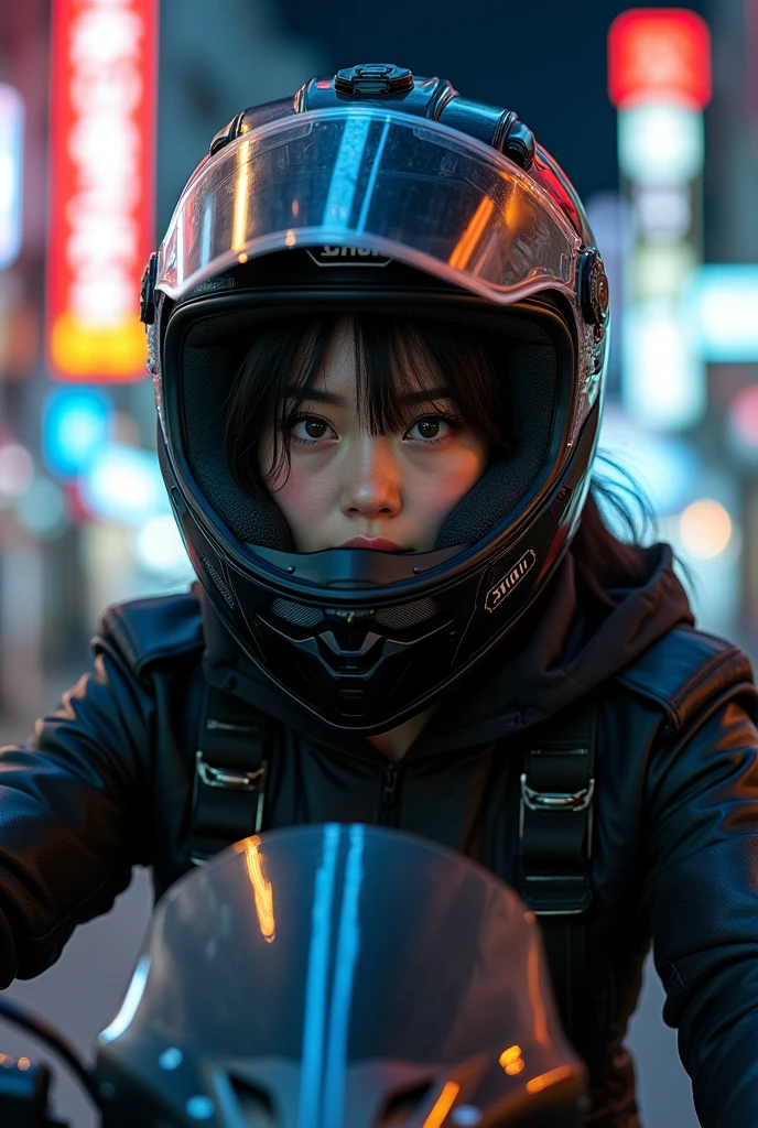 very beautiful Japanese high school girl, about to Ride on a off-road motorcycle, at downtown at night, dramatic scene, masterpiece, (face focus:1.3), clear helmet visor, beautiful eyes, Shoei helmet, (wearing off-road rider's outfits)