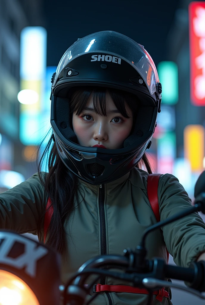 very beautiful Japanese high school girl, about to Ride on a off-road motorcycle, at downtown at night, dramatic scene, masterpiece, (face focus:1.3), clear helmet visor, beautiful eyes, Shoei helmet, (wearing off-road rider's outfits)