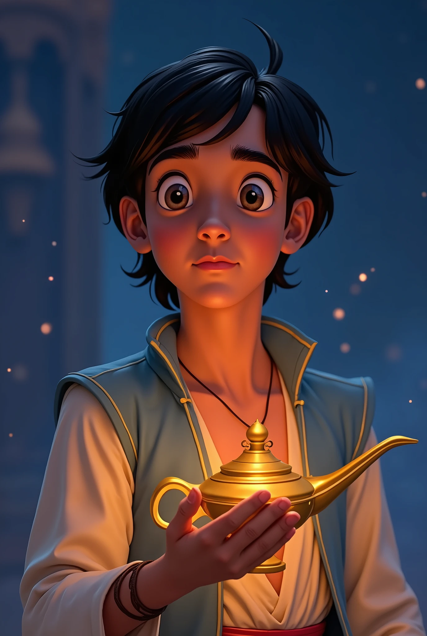 Aladdin, the main character in Aladdin. He is a young man living in poverty in the desert kingdom of Agrabah. Although he makes ends meet by sneaking around, he yearns for his late mother and tries to one day become someone she would not be ashamed of. By chance, he becomes the master of Jeannie, the spirit of the lamp. The cheerful lamp nymph Jeanie serves Aladdin, who becomes her master, and tries to fulfil his ‘three wishes’. His big eyes should be wide open, reflecting the surreal world of the desert kingdom of Agrabah. Genie the jolly lamp fairy, Aladdin, the Wizard, etc. The lighting is soft yet dramatic, and the suitors, who are only pretentious, are affectionate and crave their freedom. She is a modern woman who is intelligent and strong, sometimes using her own beauty as a weapon. The colour palette is a mix of soft pastels and dark, introspective tones, creating a balance between innocence and the complexity of her thoughts.