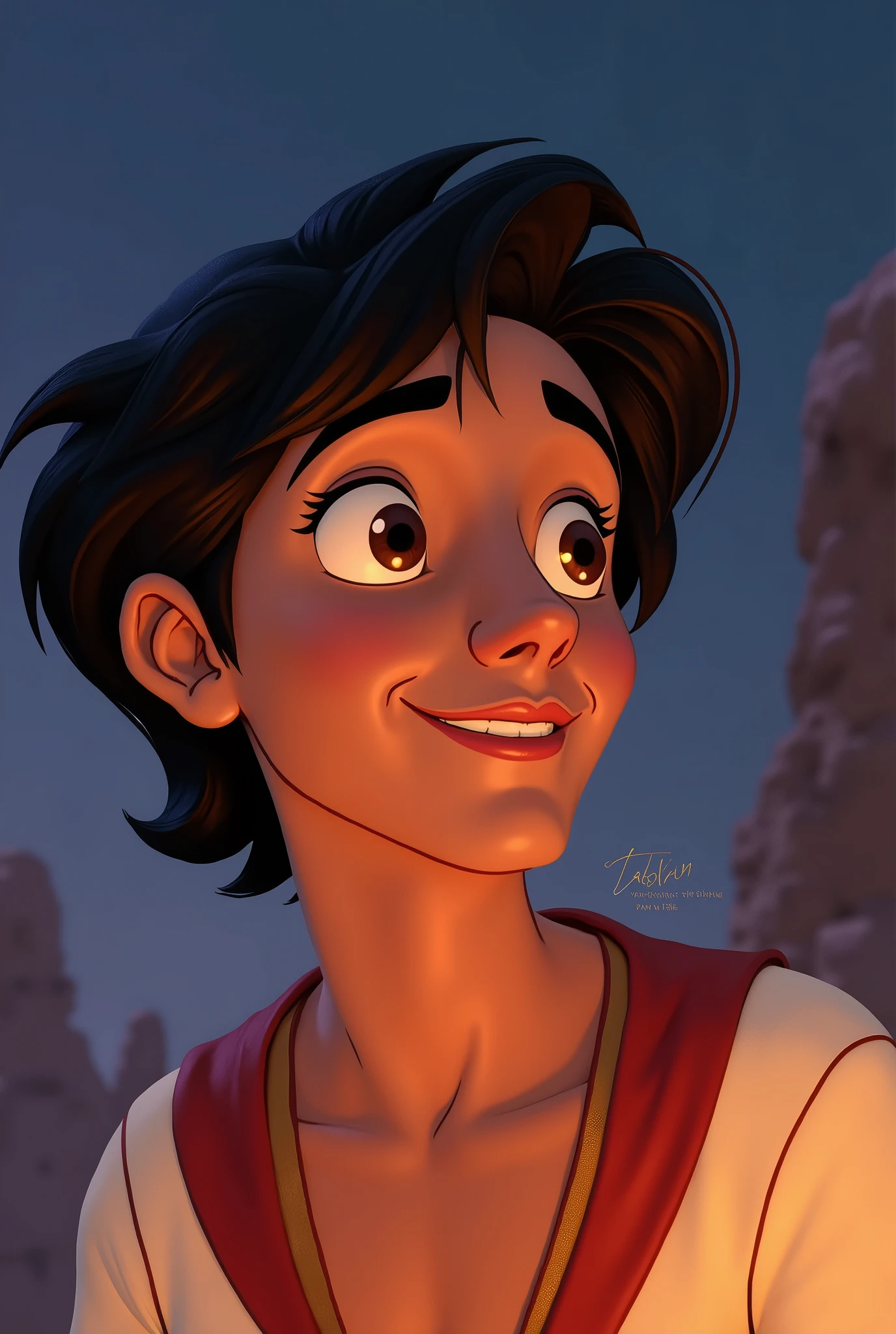 Aladdin, the main character in Aladdin. He is a young man living in poverty in the desert kingdom of Agrabah. Although he makes ends meet by sneaking around, he yearns for his late mother and tries to one day become someone she would not be ashamed of. By chance, he becomes the master of Jeannie, the spirit of the lamp. The cheerful lamp nymph Jeanie serves Aladdin, who becomes her master, and tries to fulfil his ‘three wishes’. His big eyes should be wide open, reflecting the surreal world of the desert kingdom of Agrabah. Genie the jolly lamp fairy, Aladdin, the Wizard, etc. The lighting is soft yet dramatic, and the suitors, who are only pretentious, are affectionate and crave their freedom. She is a modern woman who is intelligent and strong, sometimes using her own beauty as a weapon. The colour palette is a mix of soft pastels and dark, introspective tones, creating a balance between innocence and the complexity of her thoughts.