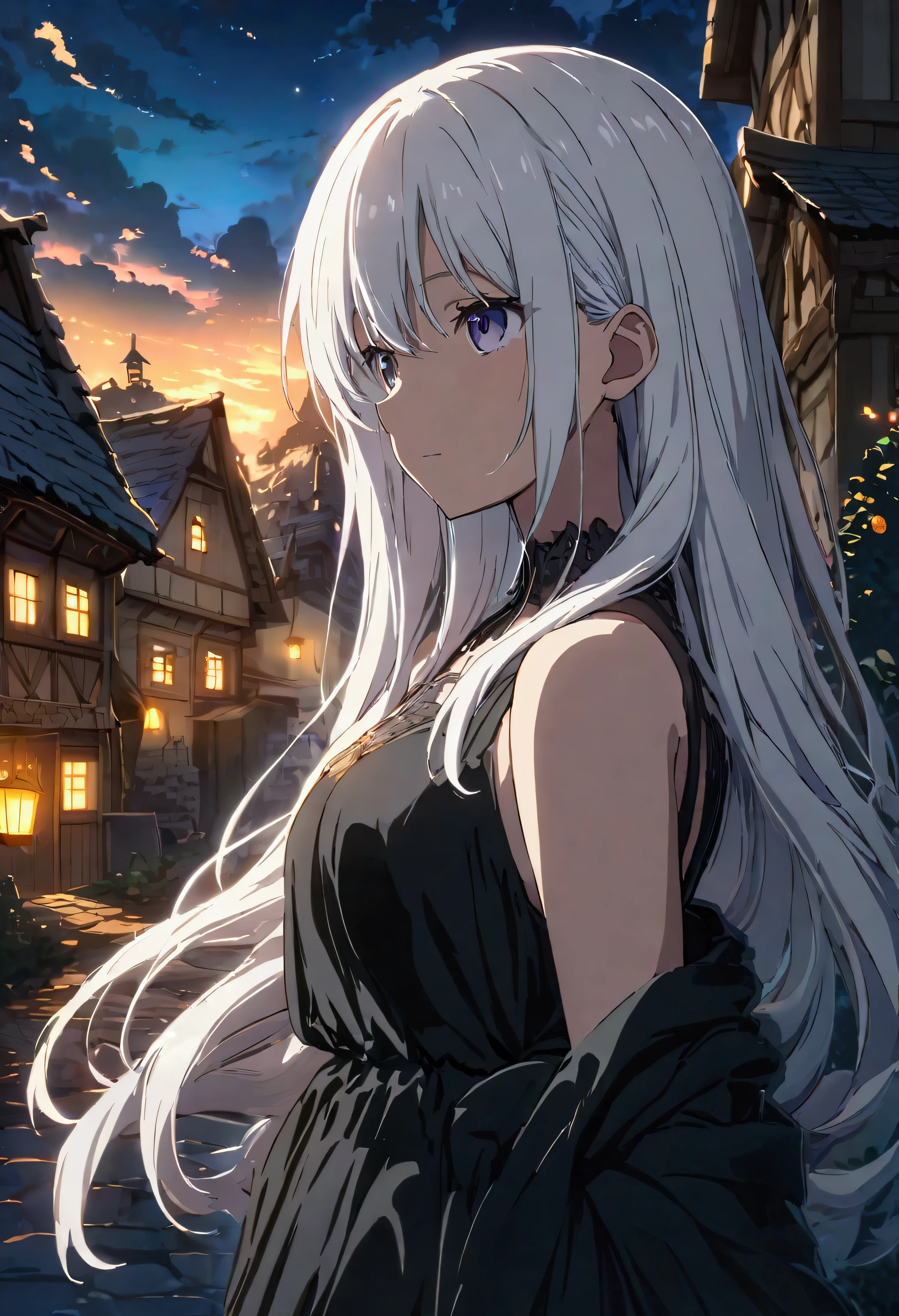 ((beautiful girl)), black dress covered, white hair, long hair, night, village, anime, detailed lighting, UHD, edge lighting