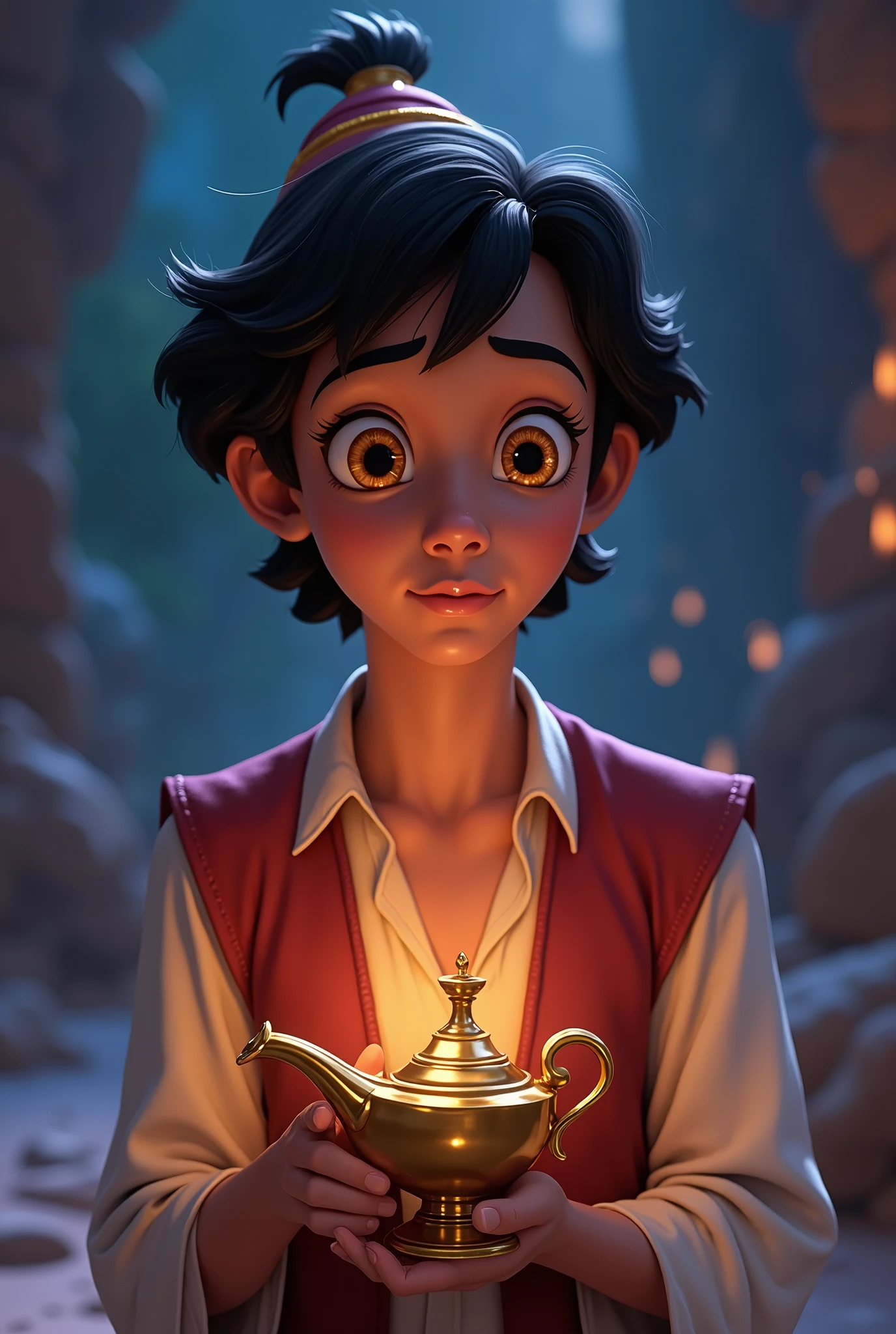 Aladdin, the main character in Aladdin. He is a young man living in poverty in the desert kingdom of Agrabah. Although he makes ends meet by sneaking around, he yearns for his late mother and tries to one day become someone she would not be ashamed of. By chance, he becomes the master of Jeannie, the spirit of the lamp. The cheerful lamp nymph Jeanie serves Aladdin, who becomes her master, and tries to fulfil his ‘three wishes’. His big eyes should be wide open, reflecting the surreal world of the desert kingdom of Agrabah. Genie the jolly lamp fairy, Aladdin, the Wizard, etc. The lighting is soft yet dramatic, and the suitors, who are only pretentious, are affectionate and crave their freedom. She is a modern woman who is intelligent and strong, sometimes using her own beauty as a weapon. The colour palette is a mix of soft pastels and dark, introspective tones, creating a balance between innocence and the complexity of her thoughts.