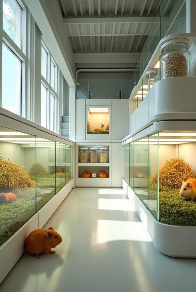 A modern and innovative breeding facility for 3 guinea pigs, spacious and with its food storage on the side 
