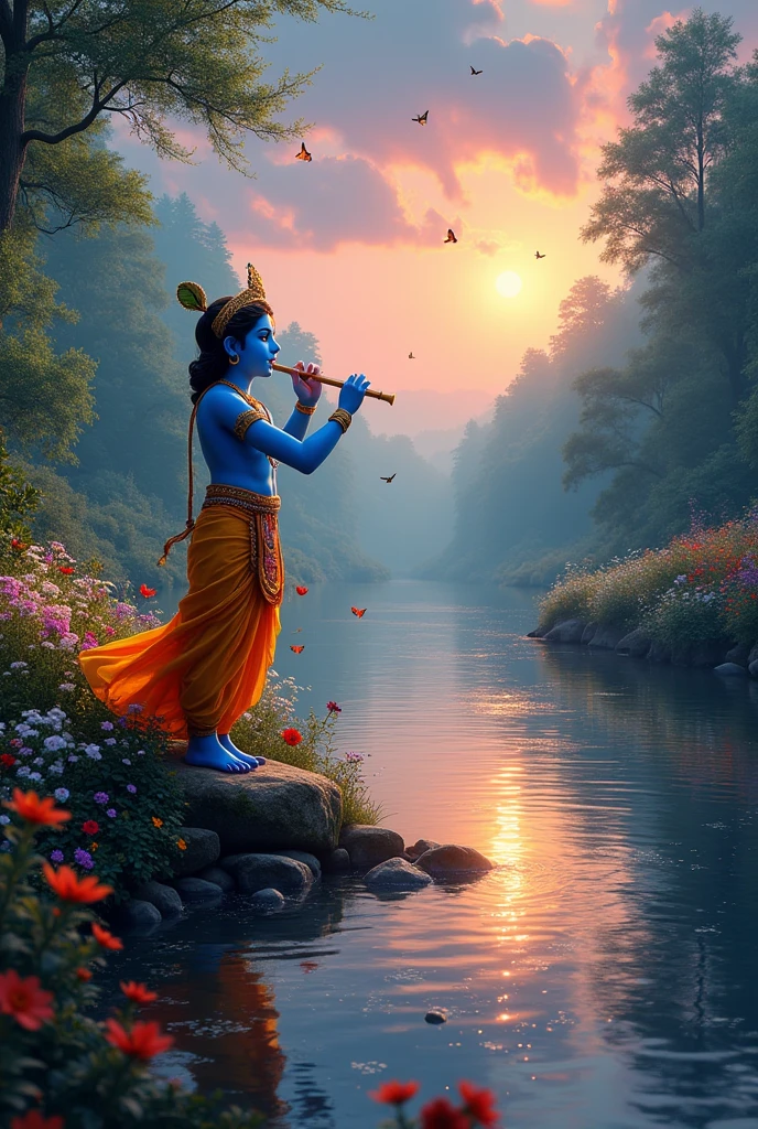 Generate a unique image of lord krishna with flute in vibrant colours image should have river and forests with the image ratio of 16:9