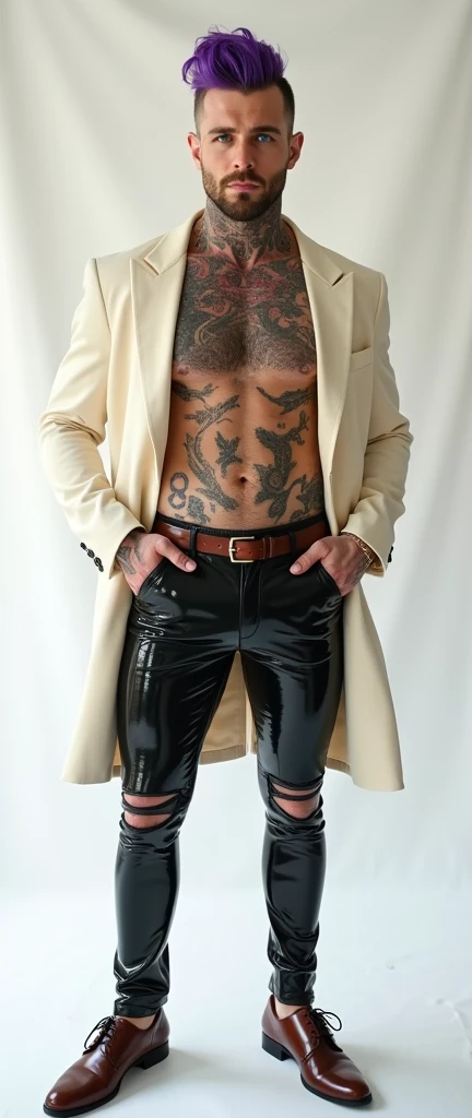 Fullbody standing picture of white Handsome muscular nude horny sexy gay man wearing skinny tight shiny black ripped latex tights with cream suit, purple hair Disconnected Pompadour oiled hair style, blue eyes, shiny varnished brown shoes, brown belt, red lip, six pack, chain, tattoos, horny, cum shot, sperm, milking penis, very big penis, very big testicle, shiny oiled skin, orgasm, oversexed, masturbation, standing at white lighting show room.