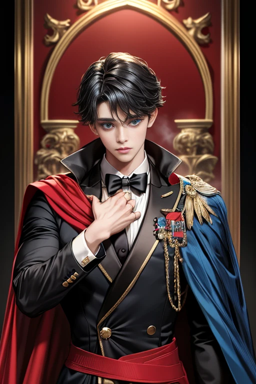 masterpiece, 最high quality, high quality, 1 boy, alone, Male focus, Upper Body,Watching the audience, Messy black hair, Adorable big blue eyes, White, Noble, Noble,A black and red cape that is bursting with sexy volume、Tuxedo、A very voluminous, large, very large, very large, long, long red and black cape with a high stand-up collar, made of a lot of fabric that reaches down to the floor., ,cute beautiful,Cute, cute, kind, handsome guy