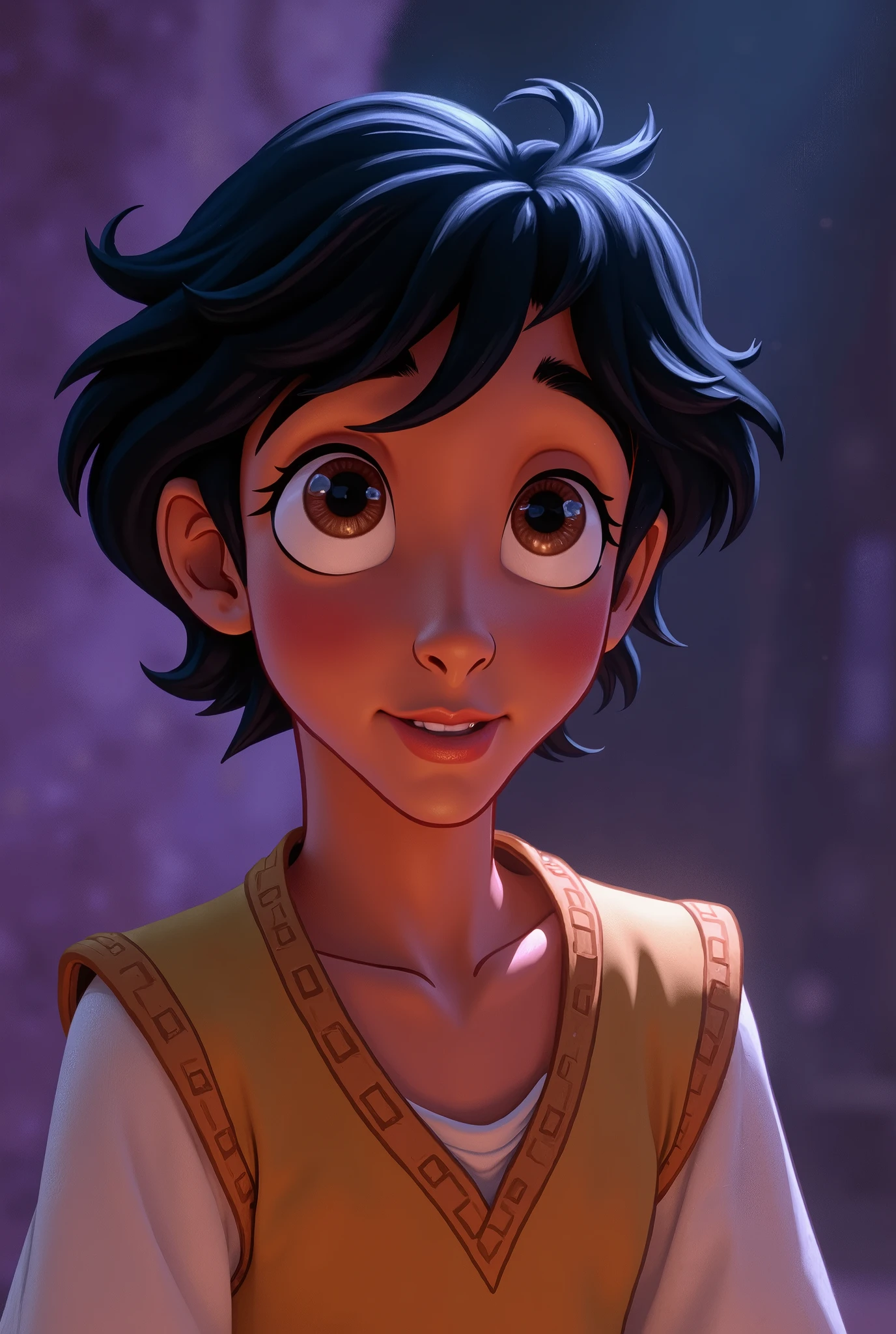 Aladdin, the main character in Aladdin. He is a young man living in poverty in the desert kingdom of Agrabah. Although he makes ends meet by sneaking around, he yearns for his late mother and tries to one day become someone she would not be ashamed of. By chance, he becomes the master of Jeannie, the spirit of the lamp. The cheerful lamp nymph Jeanie serves Aladdin, who becomes her master, and tries to fulfil his ‘three wishes’. His big eyes should be wide open, reflecting the surreal world of the desert kingdom of Agrabah. Genie the jolly lamp fairy, Aladdin, the Wizard, etc. The lighting is soft yet dramatic, and the suitors, who are only pretentious, are affectionate and crave their freedom. She is a modern woman who is intelligent and strong, sometimes using her own beauty as a weapon. The colour palette is a mix of soft pastels and dark, introspective tones, creating a balance between innocence and the complexity of her thoughts.