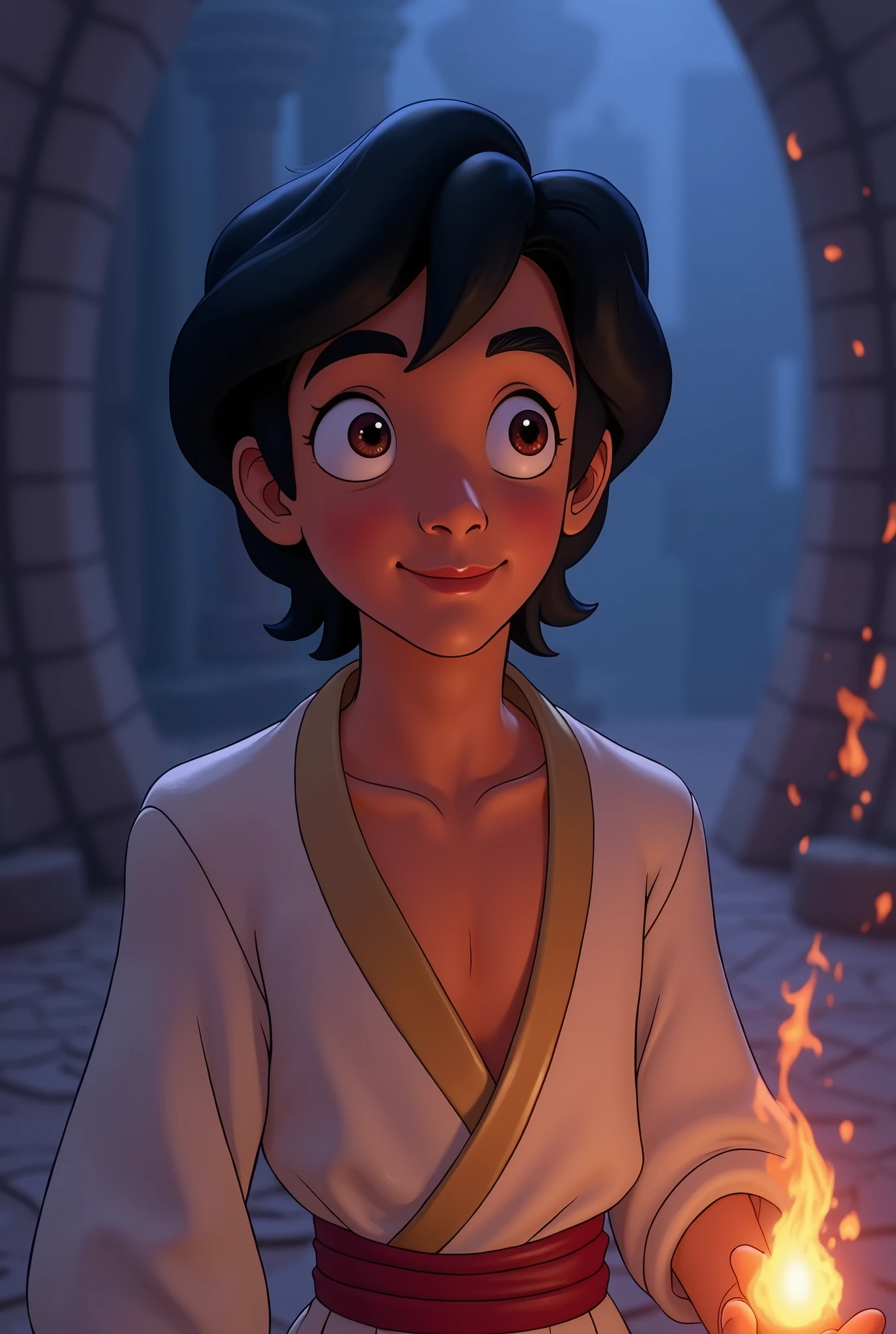 Aladdin, the main character in Aladdin. He is a young man living in poverty in the desert kingdom of Agrabah. Although he makes ends meet by sneaking around, he yearns for his late mother and tries to one day become someone she would not be ashamed of. By chance, he becomes the master of Jeannie, the spirit of the lamp. The cheerful lamp nymph Jeanie serves Aladdin, who becomes her master, and tries to fulfil his ‘three wishes’. His big eyes should be wide open, reflecting the surreal world of the desert kingdom of Agrabah. Genie the jolly lamp fairy, Aladdin, the Wizard, etc. The lighting is soft yet dramatic, and the suitors, who are only pretentious, are affectionate and crave their freedom. She is a modern woman who is intelligent and strong, sometimes using her own beauty as a weapon. The colour palette is a mix of soft pastels and dark, introspective tones, creating a balance between innocence and the complexity of her thoughts.